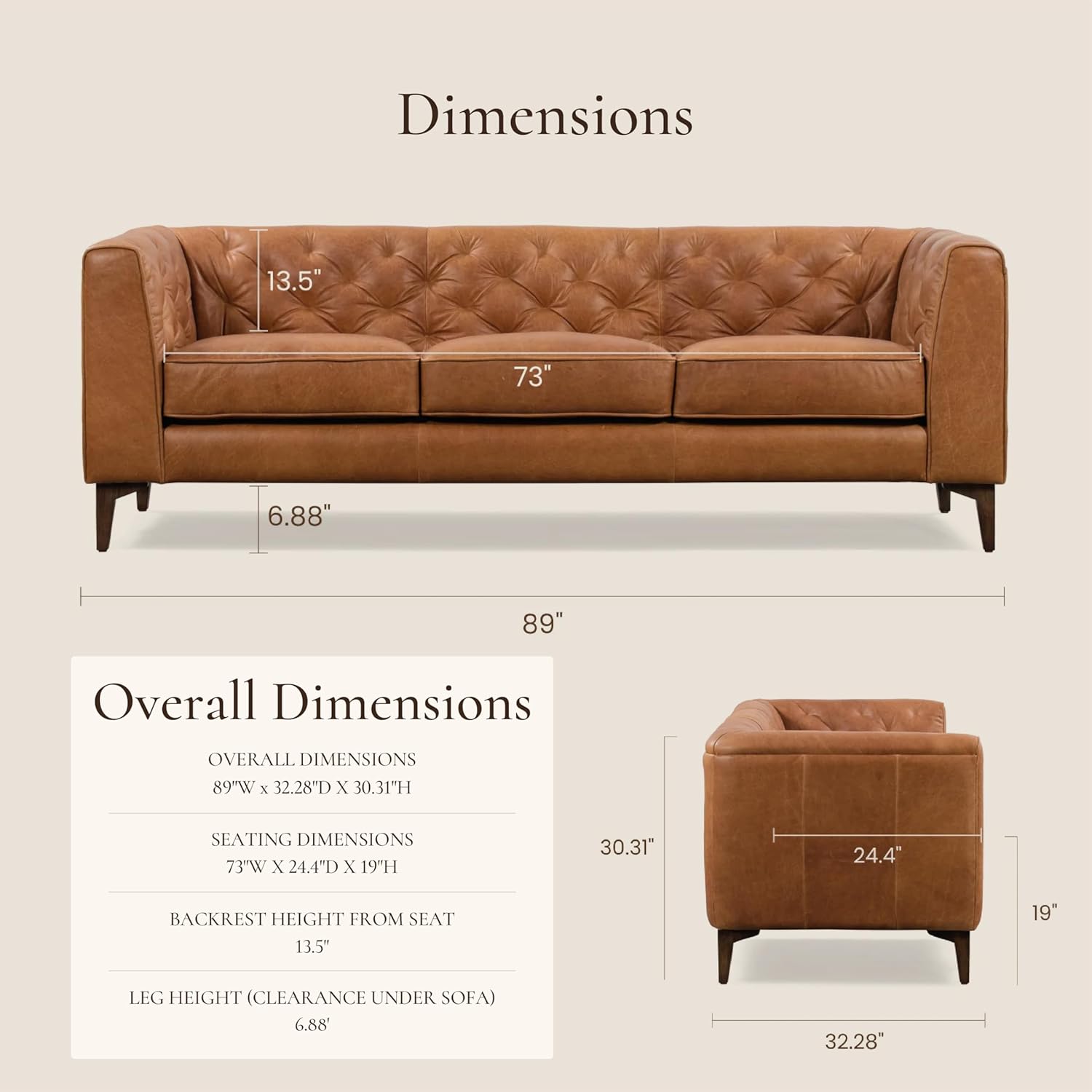 POLY & BARK Essex 89” Full-Grain Italian Leather Sofa – Tufted Back, Feather-Down Comfort, Solid Wood Frame, Cognac Tan - Image 3
