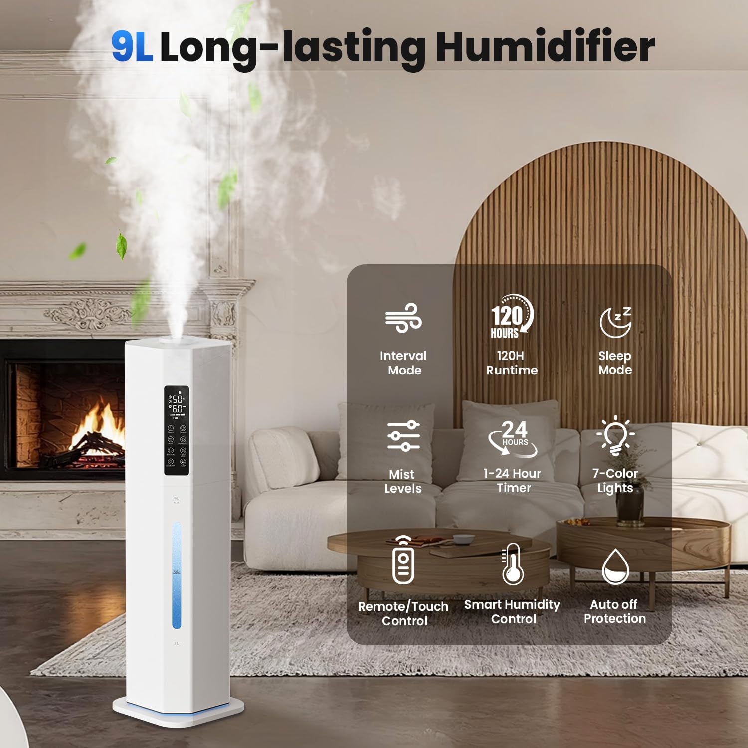 Humidifiers for Bedroom - GloryAir 2.38Gal/9L Top Fill Cool Mist Humidifier for Large Room 500ft² 120H Last with Auto Mode 7-Color Light Humidistat Aroma Box Quiet Humidifiers for Plants Baby & Adults - Image 3