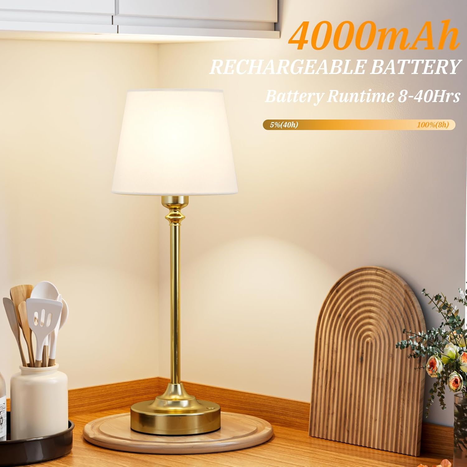 Cordless Table Lamp Rechargeable Gold - 1 Pack Brass 4000mAH Battery Operated Lamp for Decor, 3000K Stepless Dimming Touch Control Wireless Lamp for Bedroom, Dining Table, Counter, Living Room - Image 3
