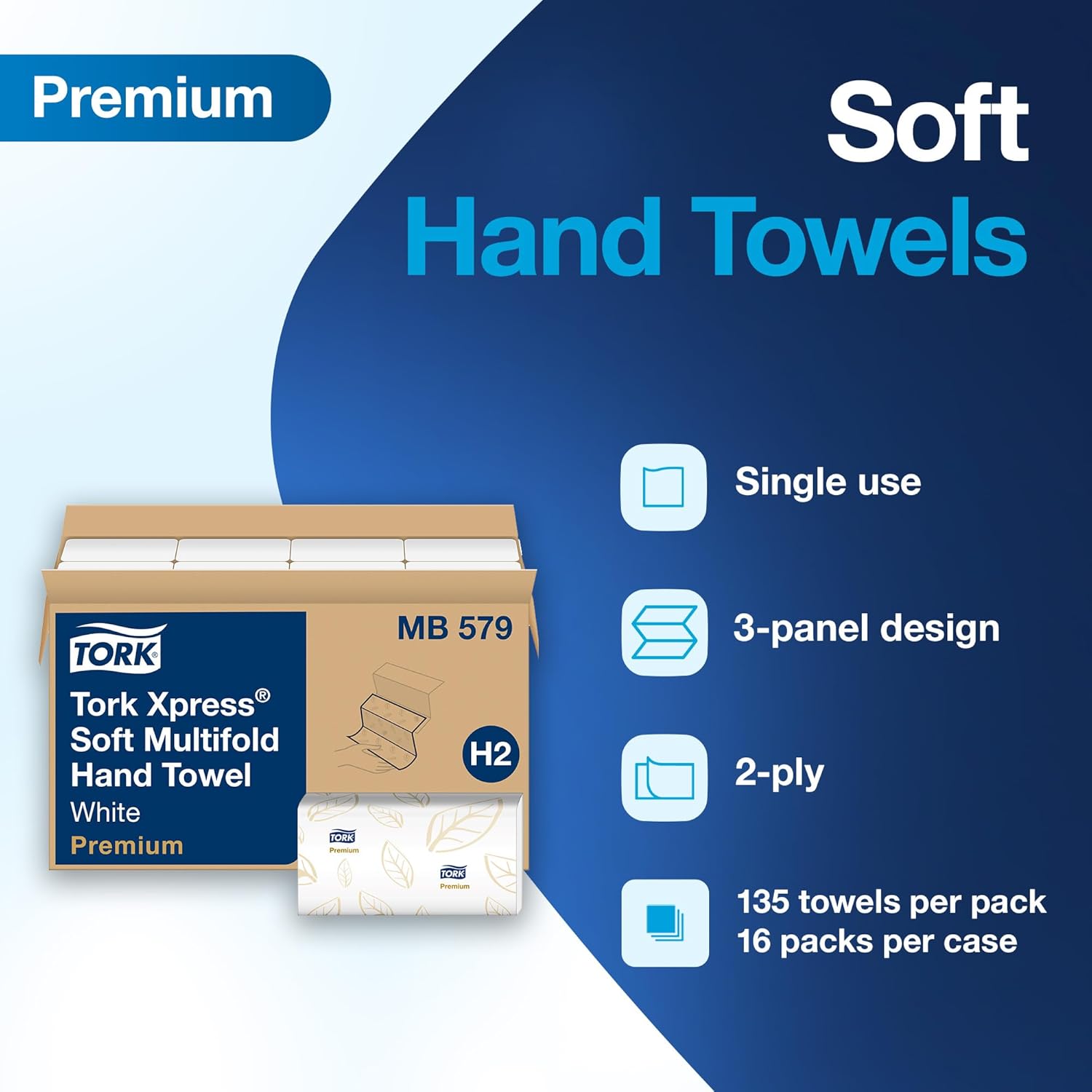 Tork Soft Xpress Multifold Paper Hand Towels White, H2 System Compatible 16 Packs X 135 Towels Each (MB579) - Image 3