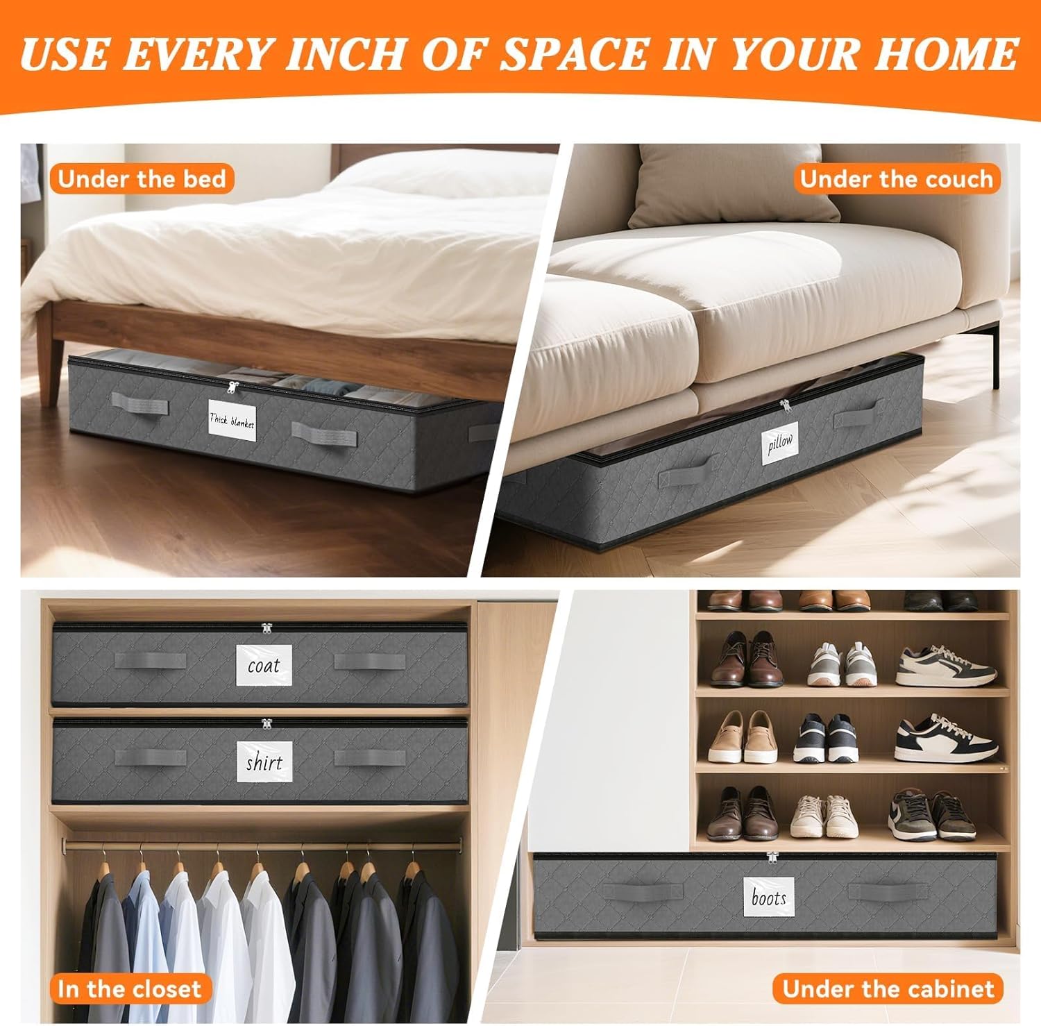 SpaceWhisper 90L Under Bed Storage Containers, 4-Pack Storage Bins with Clear Top, Foldable Closet Organizers and Storage with Label Holder for Clothing, Blankets, Comforter & Pillows (Grey) - Image 7