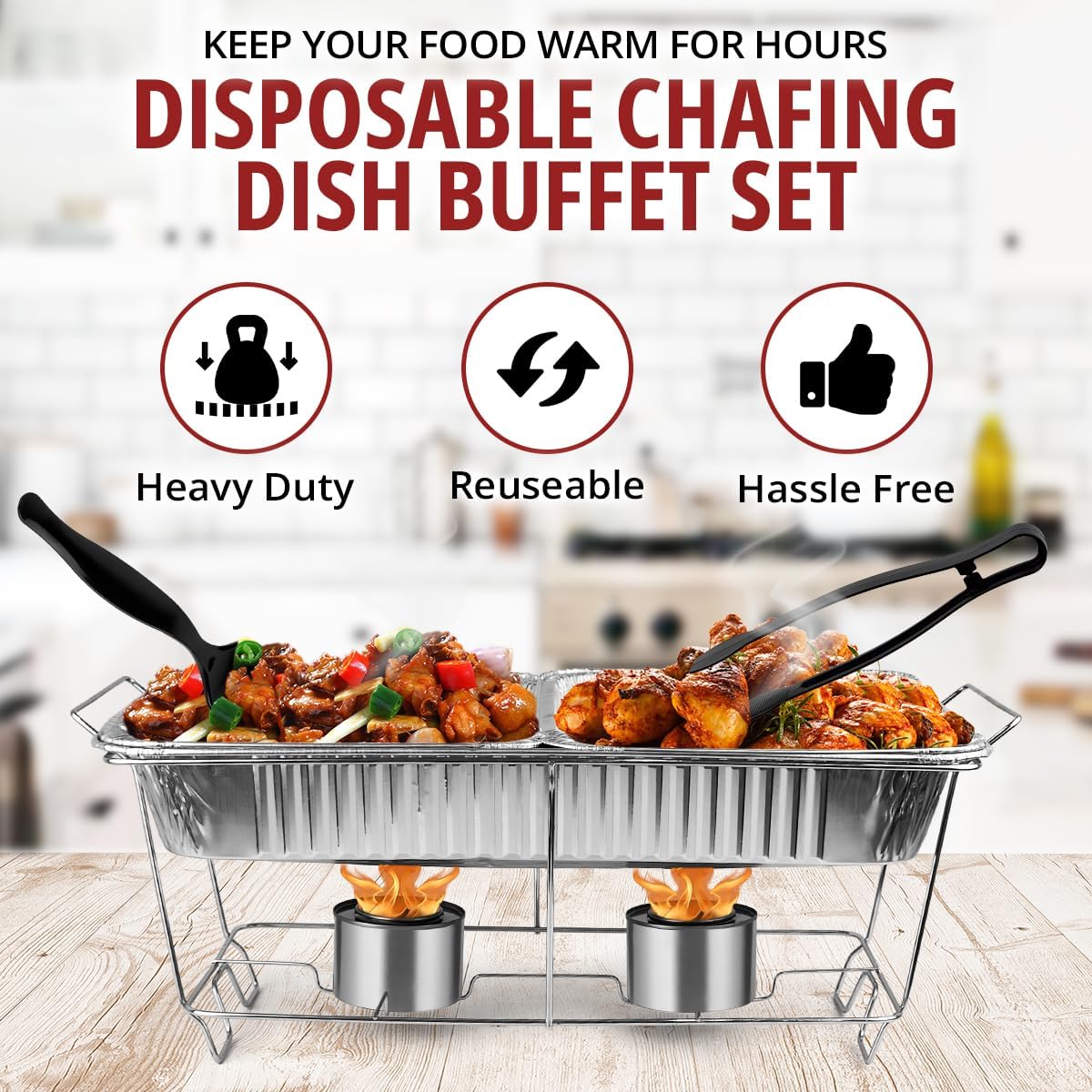 Disposable Chafing Dish Buffet Set, 33 Piece of Chafing Servers with Food Warmers, Covers, Half-Size Food Pans, Water Trays, Serving Utensils, Foil Lids and 4Hr Fuel Cans for Parties, Catering - Image 5