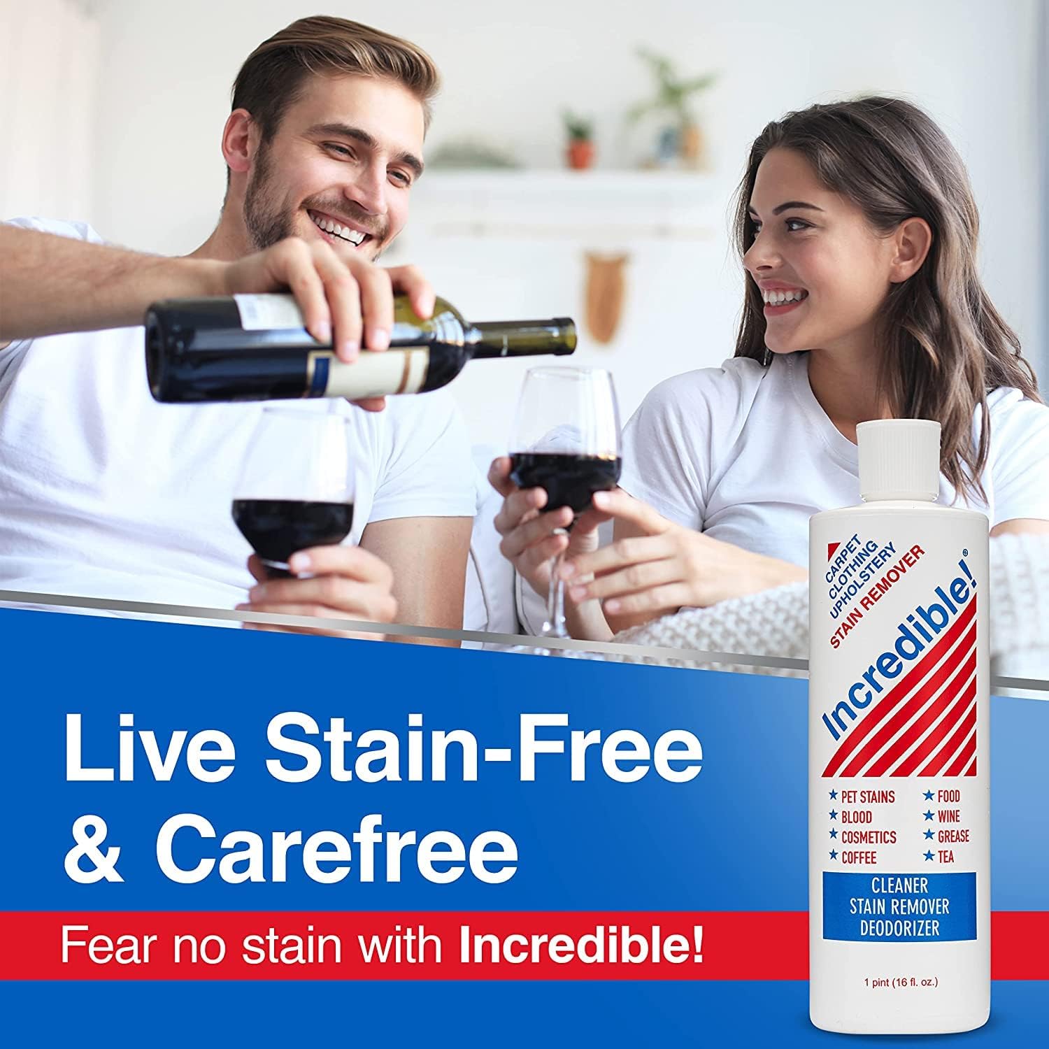 INCREDIBLE! Stain Remover - Instant Spot Remover For New and Old Stains - Blood, Red Wine, Coffee, Urine, Cosmetics, Pet Stains and Odor Eliminator - Carpets, Mattress, Laundry, 16.oz (2 Pack) - Image 5
