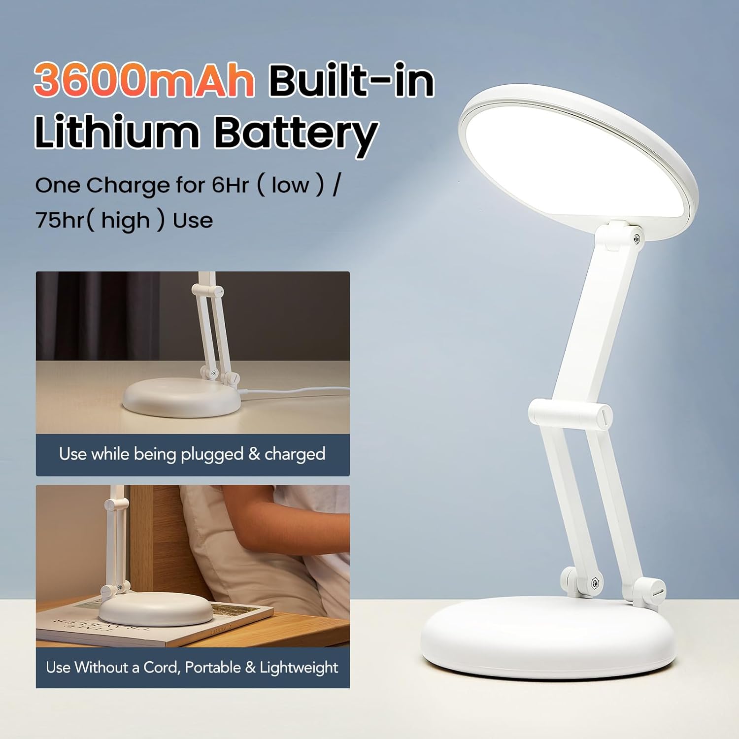 One Fire Cordless Desk Lamp,Dimmable Small Battery Powered Lights,3600mAh Rechargeable Wireless Table Lamp,Mini Lamp&Portable Light for Bed,Book Reading,Home for Small Spaces,Nail Light,Craft,Office - Image 9