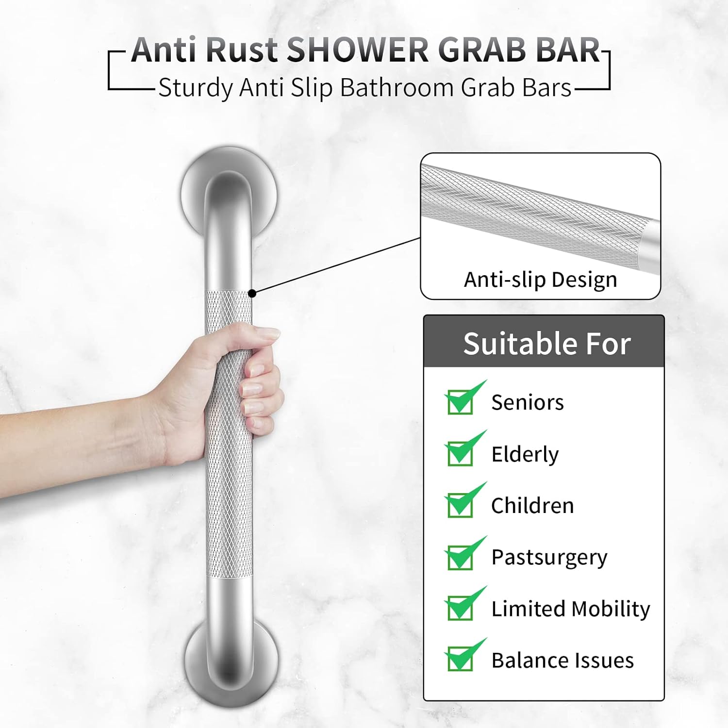 Grab Bars for Shower, 2 Pack 16 Inch Anti-Slip Safety Shower Handle for Senior, Stainless Steel Shower Grab Bars, Handicap Elderly Bathtub and Toilet Bathroom Assist - Image 3