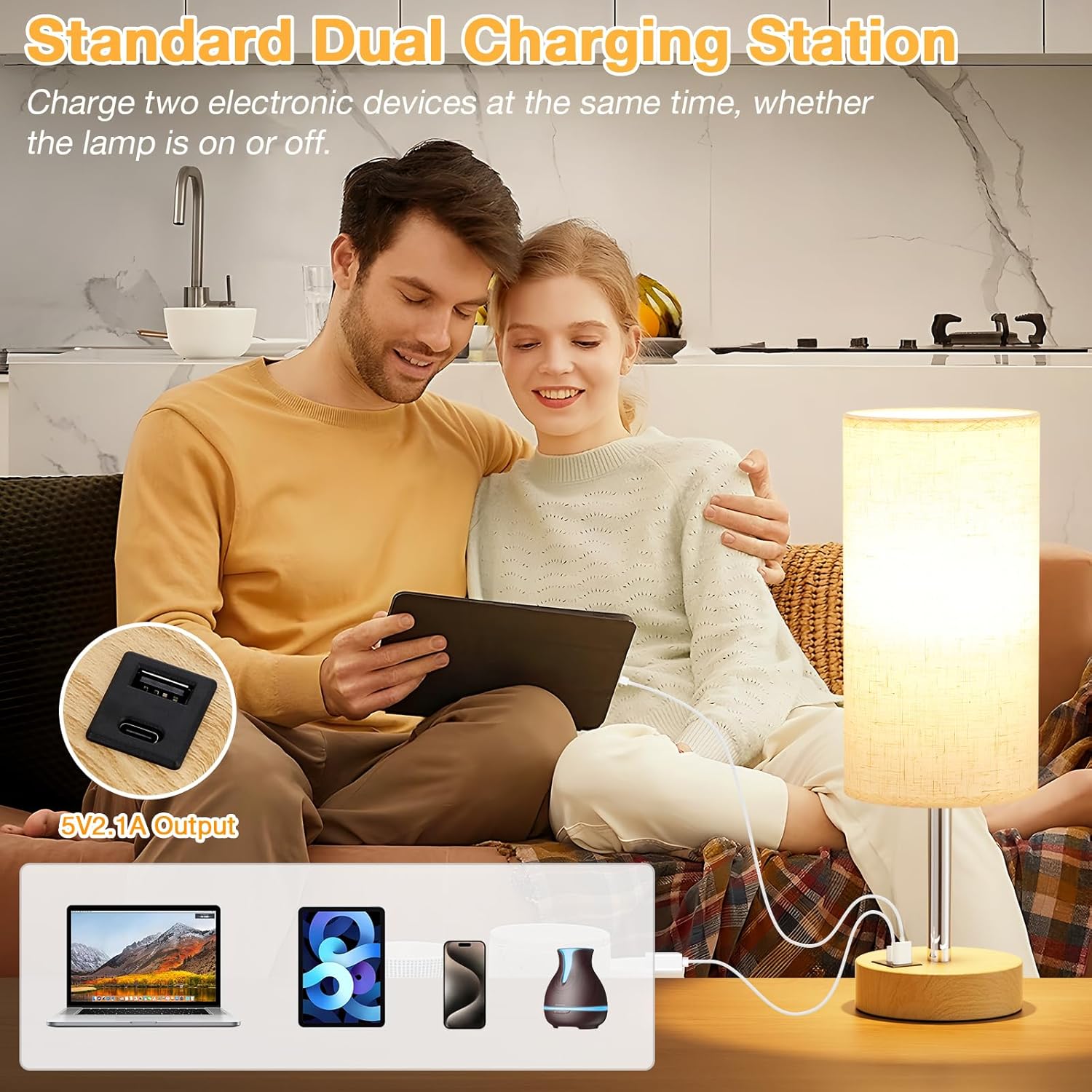 Dicoool Touch Bedside Table Lamp with USB - 3 Way Dimmable Wood Lamp for Bedroom Nightstand, Desk Lamp with Charging Station for Dorm, Living Room, Office, Kids Room, Small, 14in - Image 4