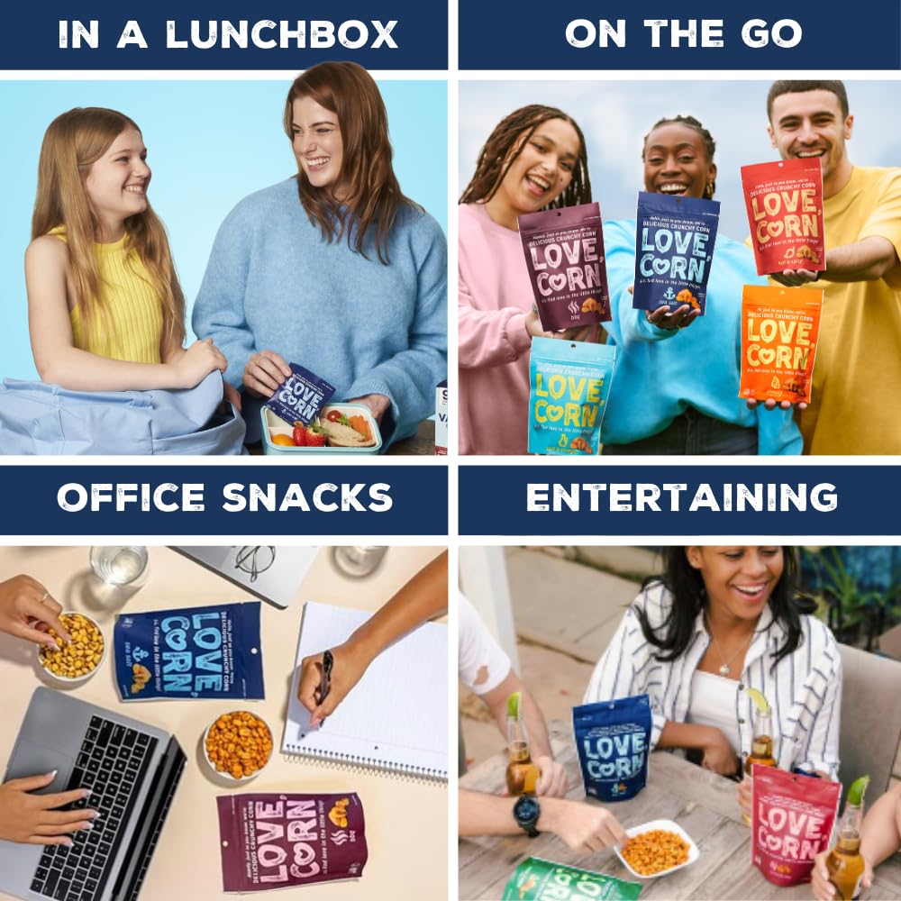 LOVE CORN Fab Four Sea Salt, BBQ, Salt & Vinegar, Hot Spicy | Delicious Crunchy Corn Snacks | .07oz x 20 Gluten Free, Vegan Bags | Convenient for Lunch Boxes, Commuting & Office Snacks - Image 6