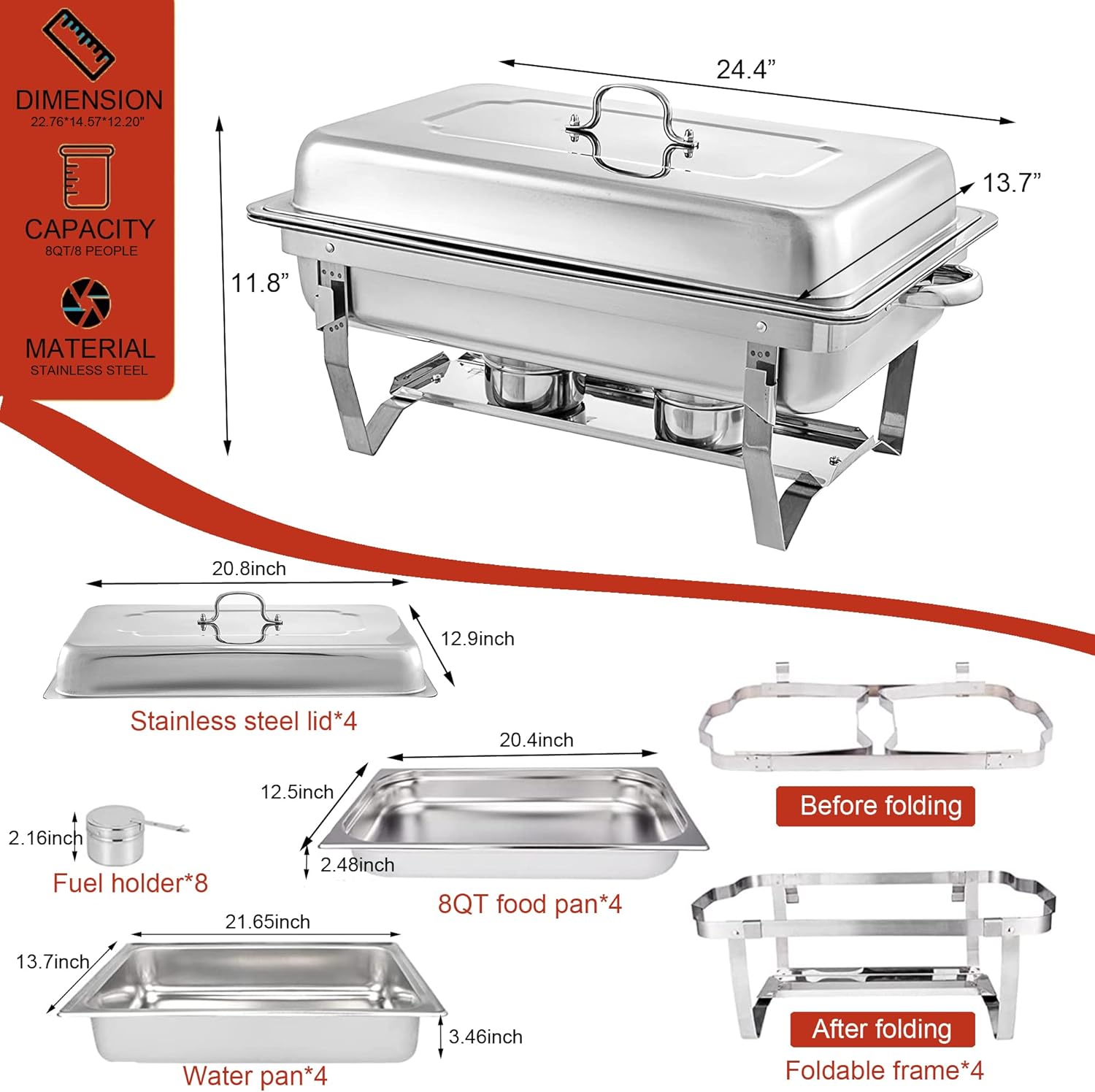 Chafing Dishes for Buffet 4 Pack 9 Quart Stainless Steel Chafer Buffet Servers and Warmers Set with Folding Frame for Weddings Parties Banquets Catering Events - Image 7