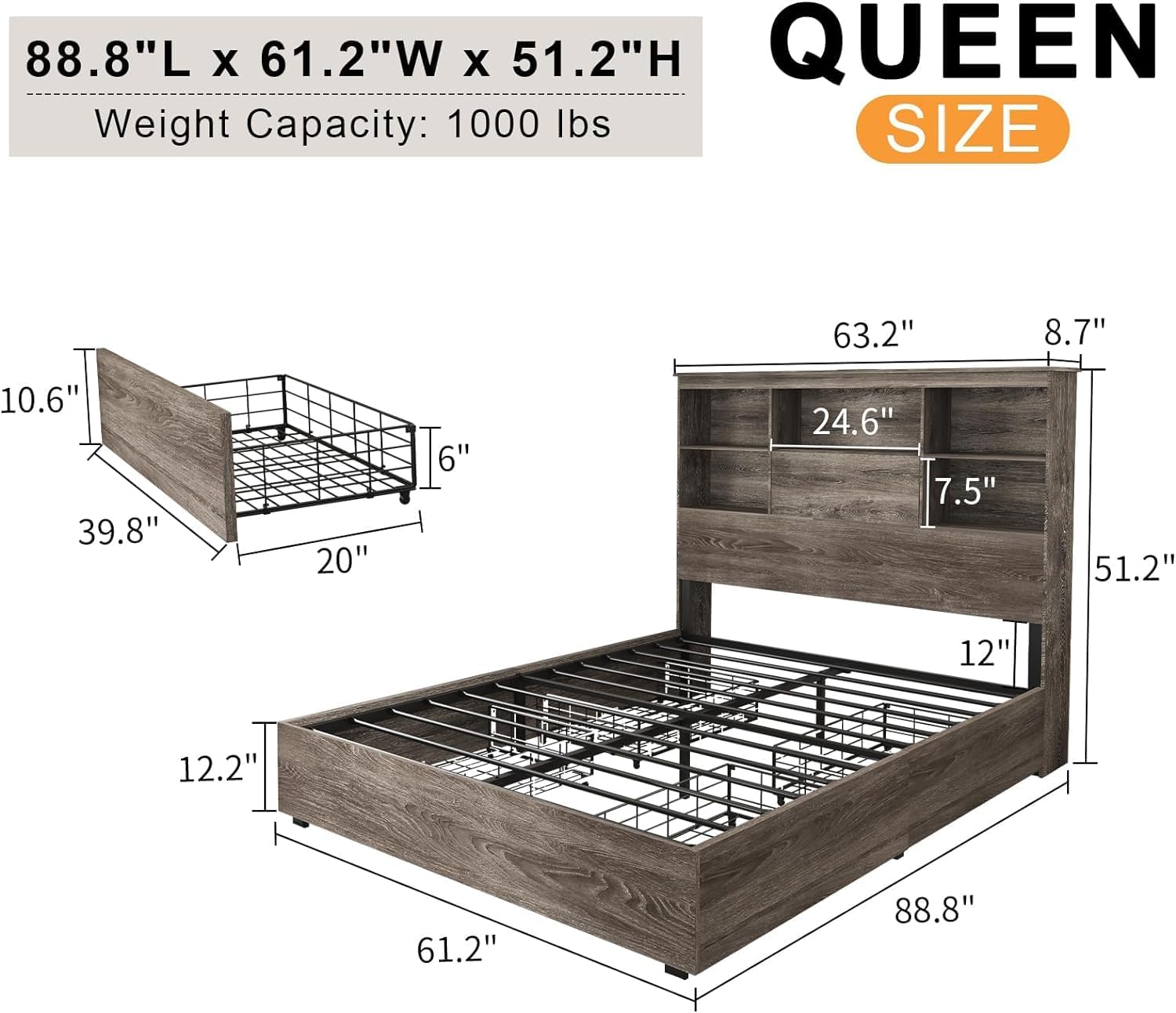 5-Piece Farmhouse Bedroom Set, 1 X Queen Size Bed Frame, 1 X 5 Drawer Dresser, 1 X Wood Rustic 6 Drawer Storage Dresser, Nightstand Set of 2 with Charging Station, Bedroom Furniture Set, Grey - Image 2