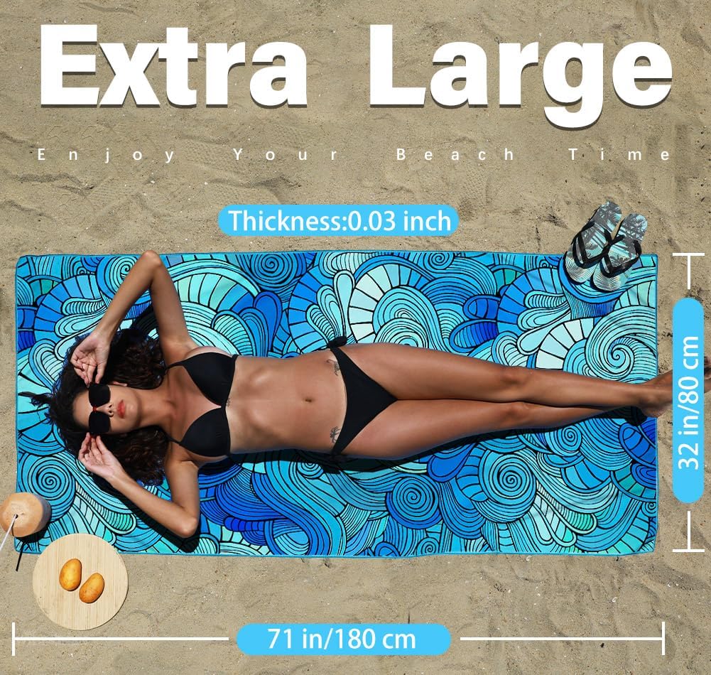 Thin Lightweight Microfiber Beach Towel Sand Free Quick Dry Absorbent Compact Towels for Swimming Pool Camping Beach Accessories Large Easy Pack Travel Things for Vacation Essentials Adult Gift - Image 2
