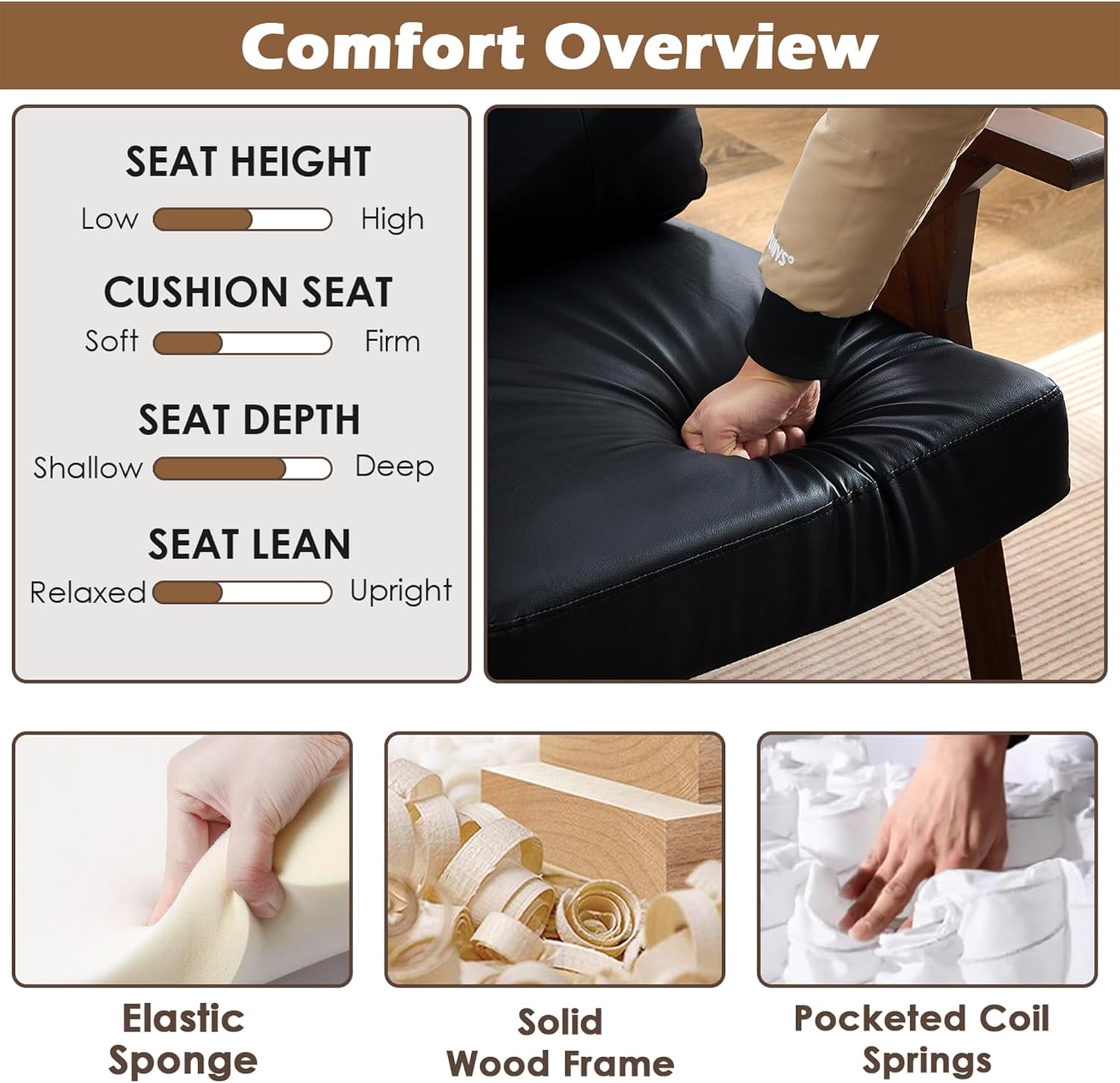 STHOUYN Black Leather Office Accent Chair Set of 2 with Wooden Arms, Comfy Guest Waiting Room Chairs, Mid Century Modern Chair, Side Arm Chairs for Living Room (Black, 2pcs) - Image 7
