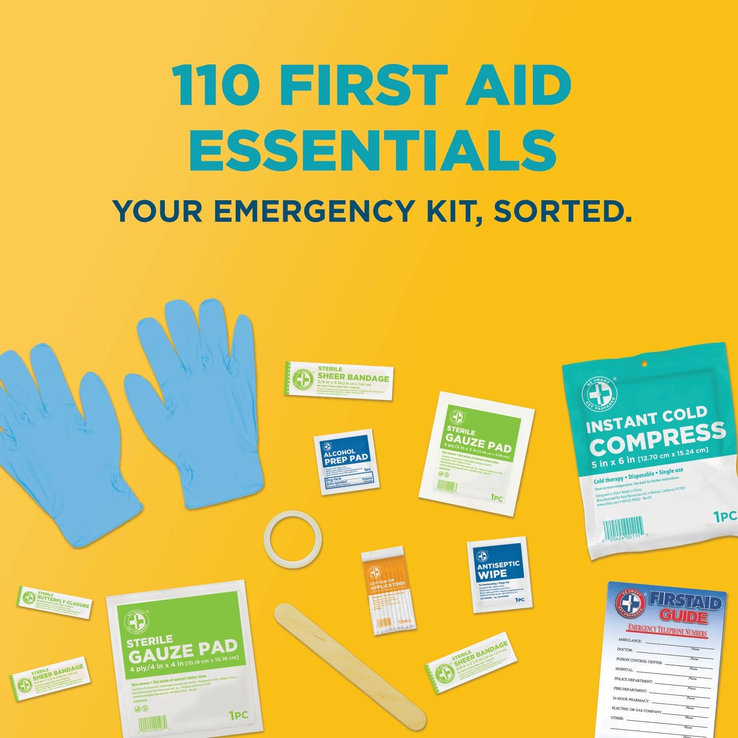 Be Smart Get Prepared 110 pc First Aid Kit: Clean, Treat, Protect Minor Cuts, Home, Office, Car, School, Business, Travel, Emergency, Outdoor, Camping & Sports, FSA/HSA (Packaging may vary) - Image 9