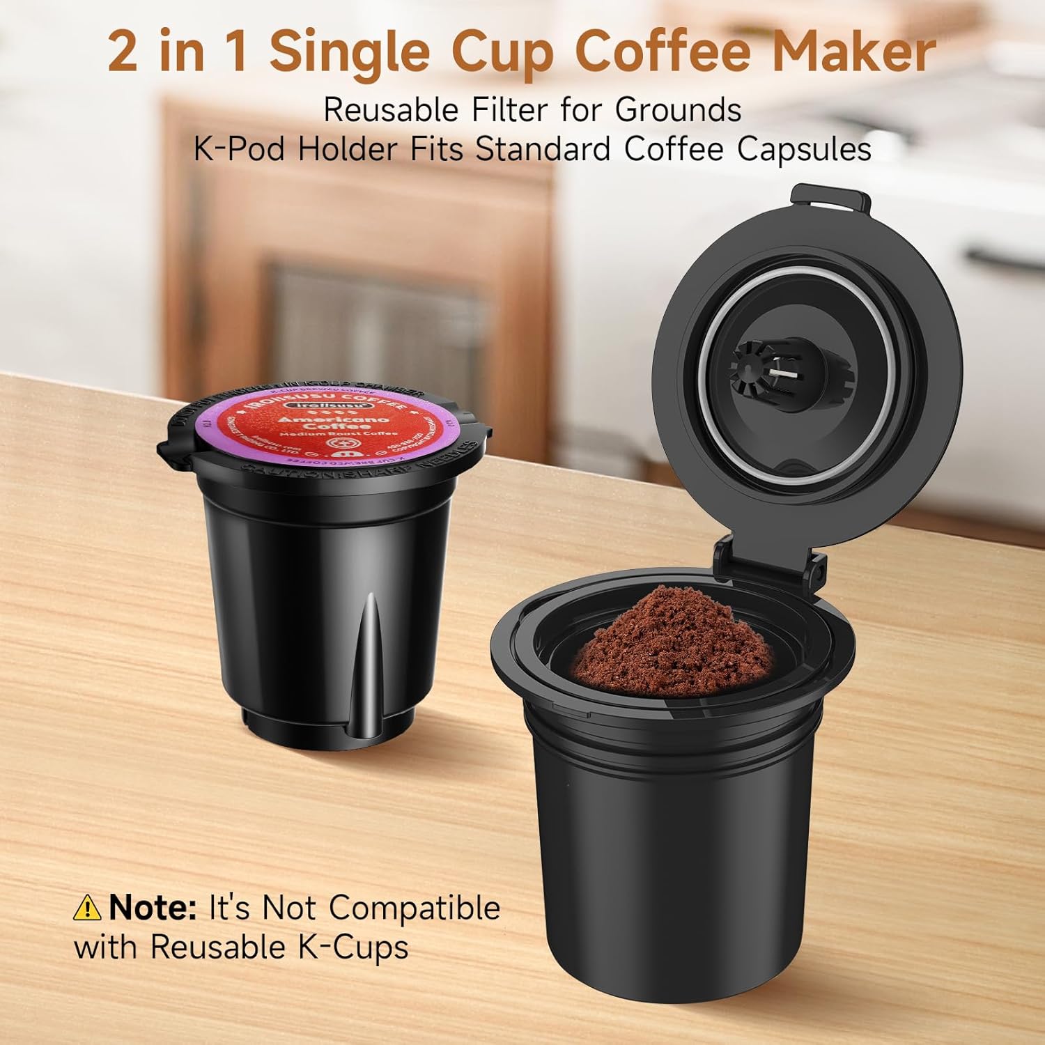 Small Single Serve Coffee Maker, Fast Brew One Cup Coffee Machine for K Cup and Grounds, 6 to 12 oz. Brew Sizes, Capsule Coffee Machine with Descaling Reminder and Viewing Tank, Black - Image 2