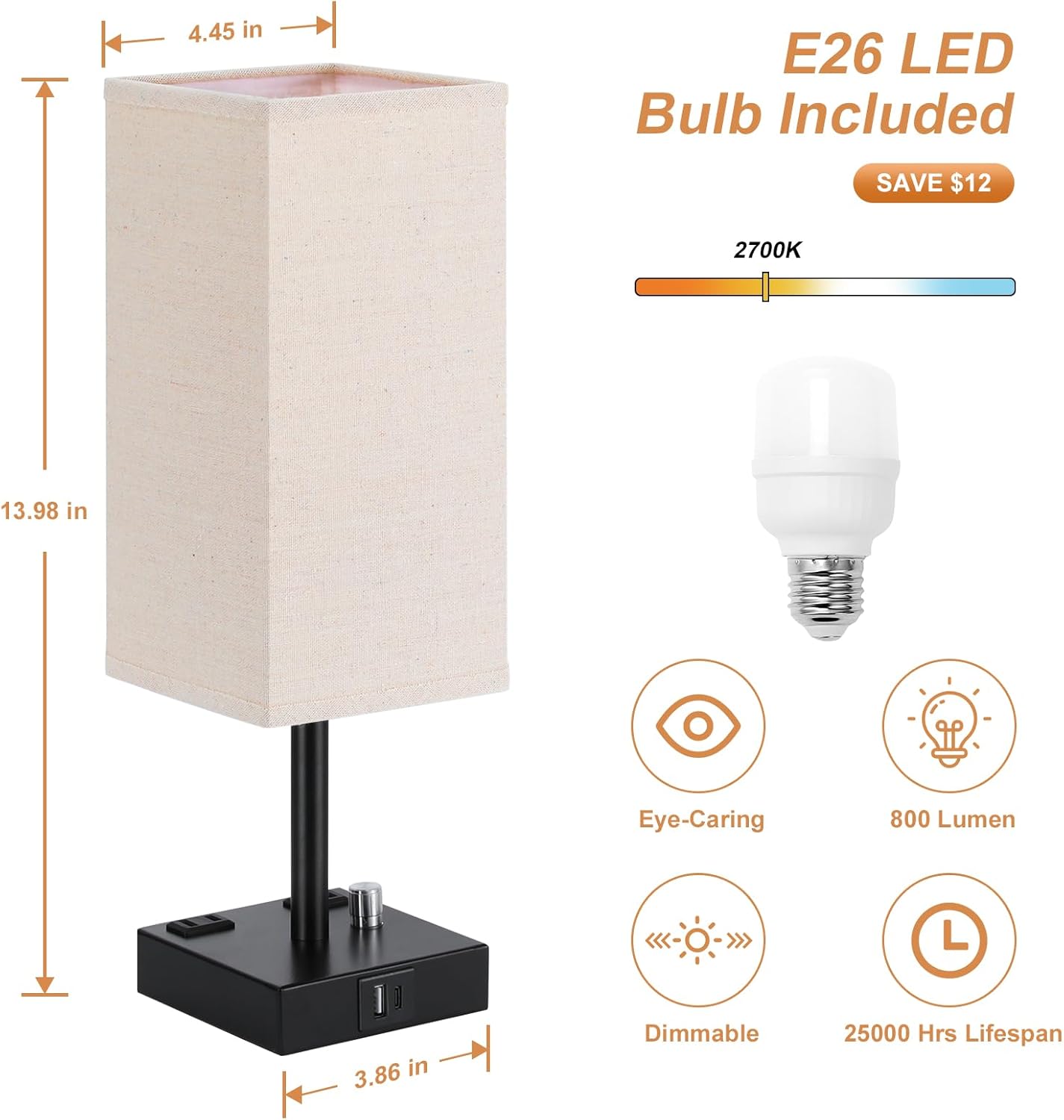 aooshine Fully Dimmable Nightstand Lamps Set of 2 - Table Bedside Lamp with USB C+A Charging Ports & 2 AC Outlets, Square Lamp Sets Linen Fabric Shade for Bedroom Living Room(Bulb Included) - Image 5