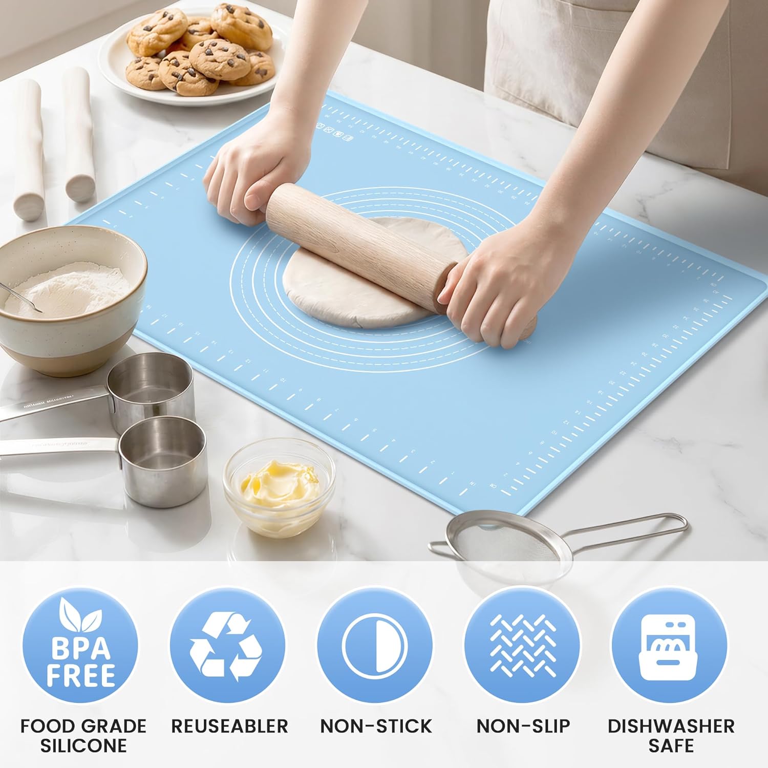 Silicone Baking Mat 28x20 Inches | Extra Thick Dough Rolling Mat with Measurements and Edge Heightening | Non-Stick Food Grade Pastry Mat for Pastry, Bread, Cookies, Pizza, Fondant & Pasta - Image 8