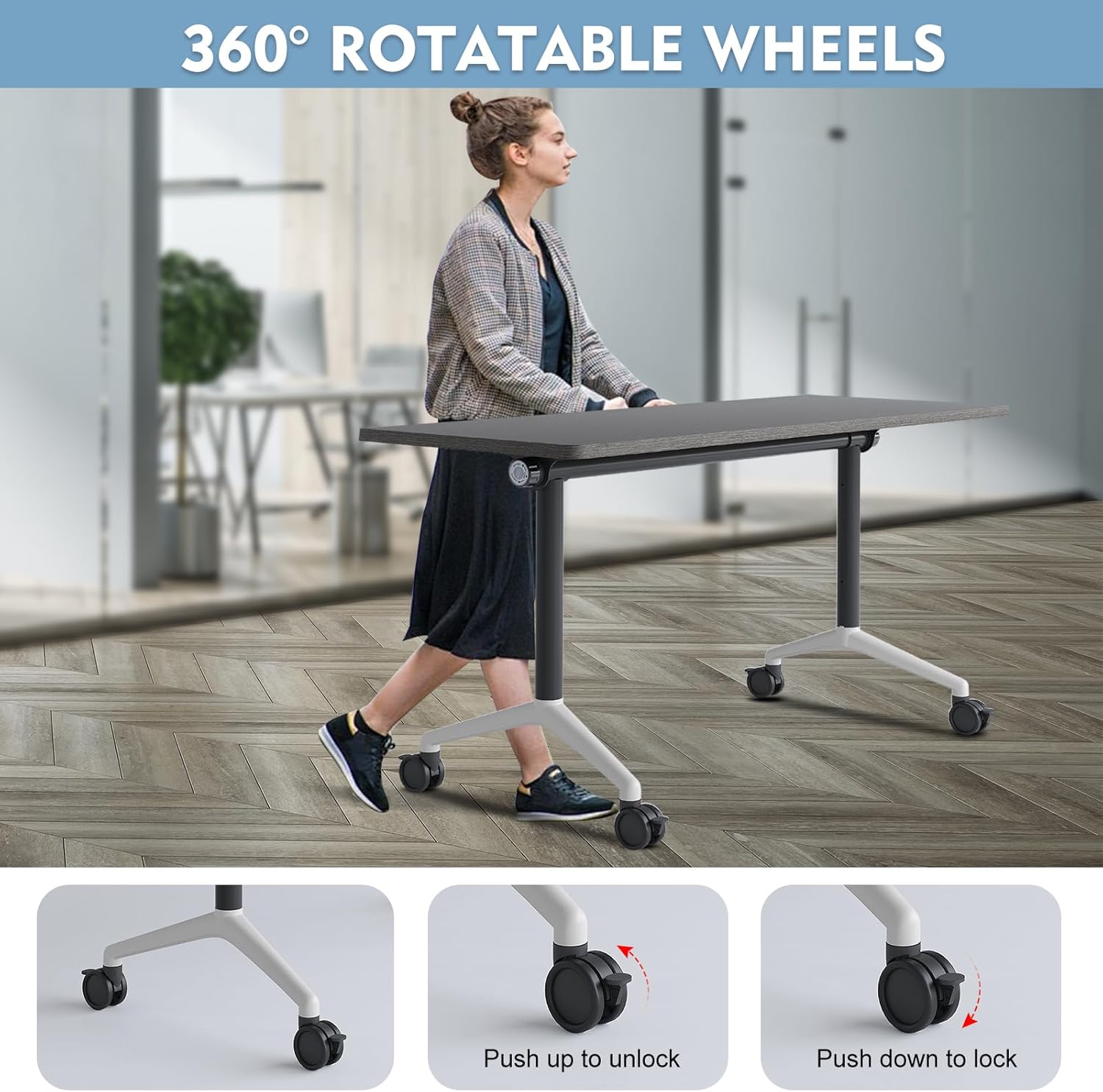 Folding Conference Room Tables,Mobile Training Table with Wheels - Rectangular Large Business Seminar Furniture Tables for Office,Meeting Room,School,Wooden (6, Gray, 61IN) - Image 3