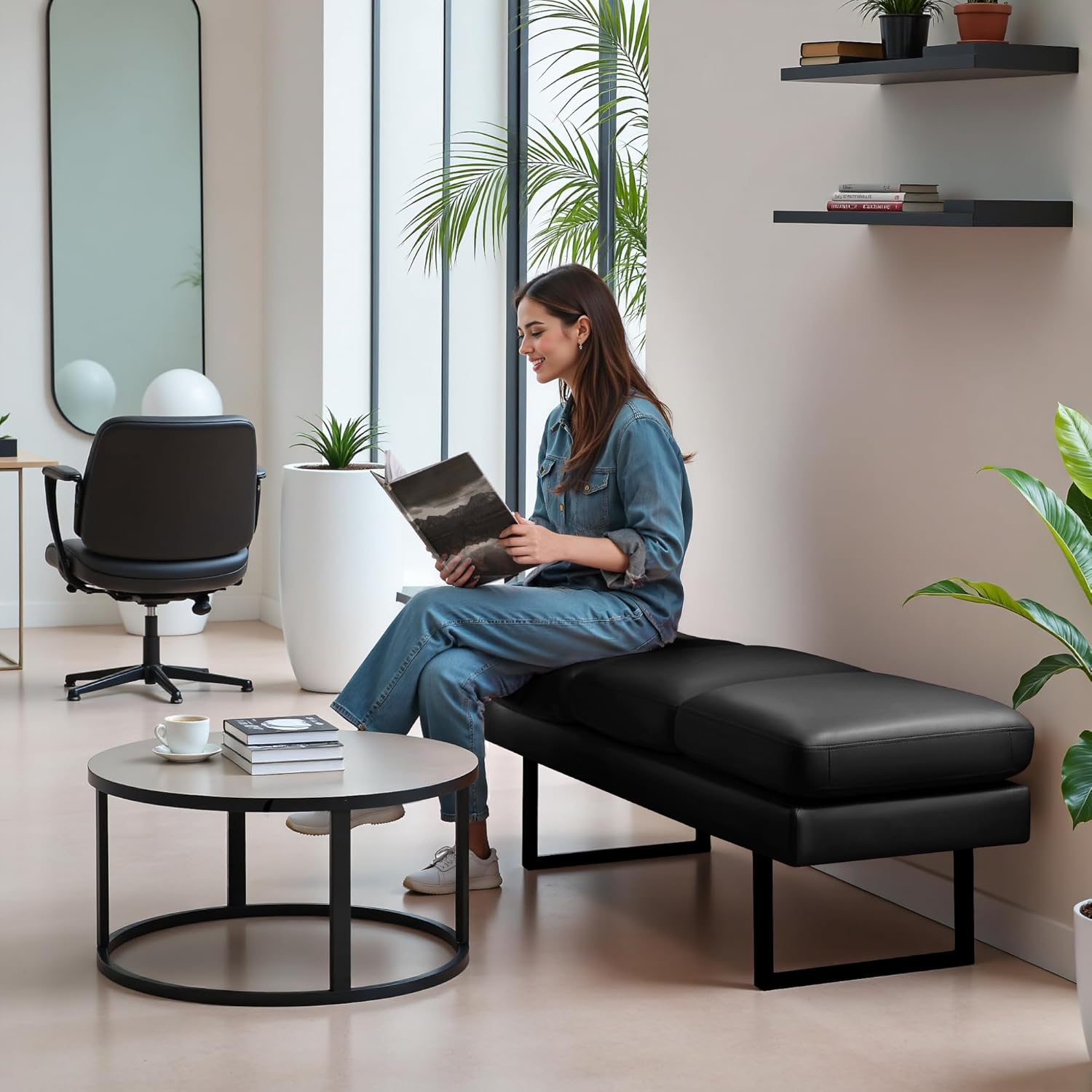 Furniwell Waiting Room Bench with 3 Seats,Faux Leather Reception Bench Upholstered Office Guest Chair Seating,Waiting Room Chair for Salon,Conference Room and Shop (Black) - Image 2