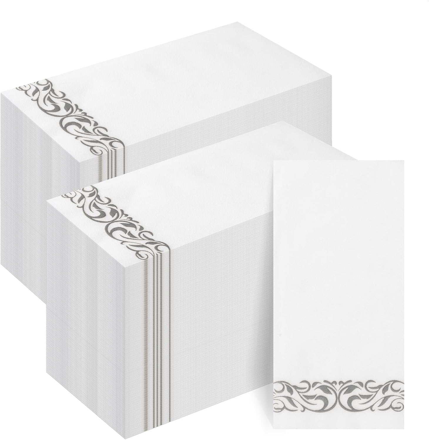 Goodluck 200-Pack Linen-Feel Disposable Guest Towels – Soft and Absorbent Paper Hand Towels for Bathroom or Kitchen – Elegant White Napkins with Silver Design for Parties, Weddings, Dinners Events