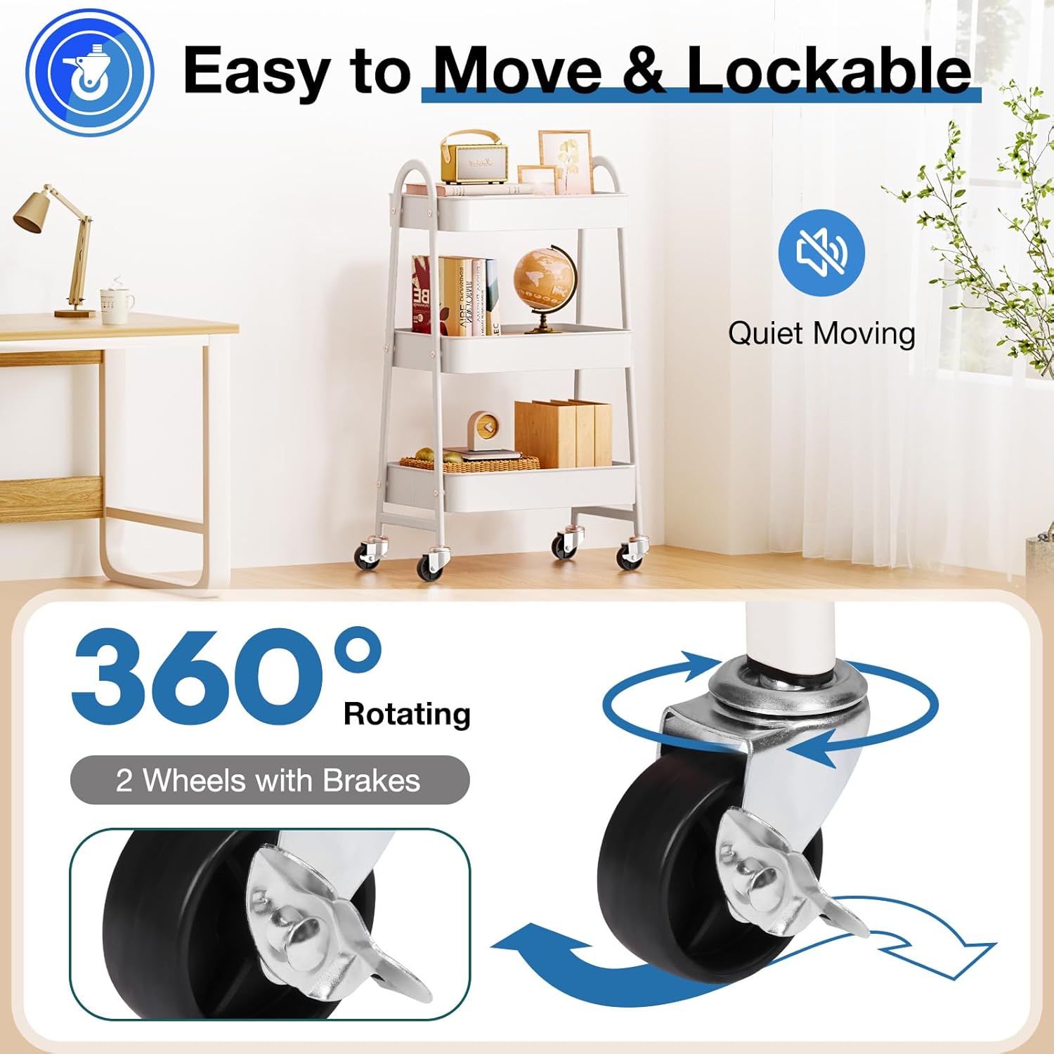 OLIXIS 3 Tier Utility Rolling Cart, Metal Mobile Storage Shelf with Lockable Caster Wheels, Organization for Livingroom, Bathroom & Narrow Places, White - Image 3
