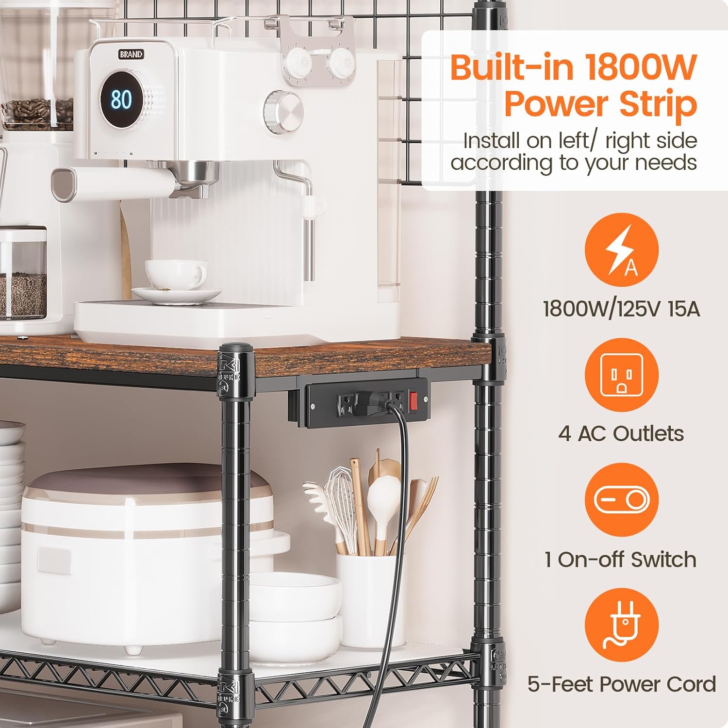 Leteuke Bakers Rack with Power Outlet & Storage, 36 Inch Microwave Stand Kitchen Cart, 4-Tier Metal Kitchen Shelves Cart with Wheels & 20 S-Hooks for Kitchen, NSF Certified, 63 x 18 x 36 Inch-Black - Image 4