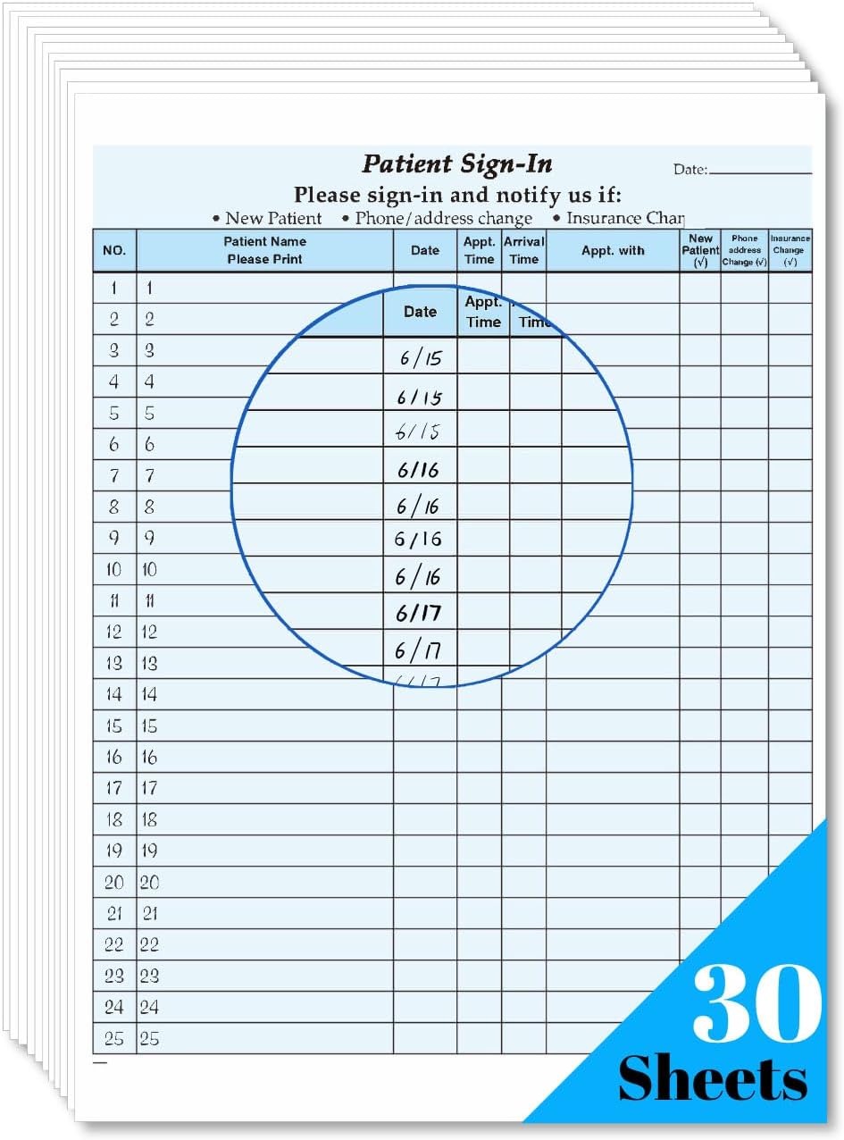 Patient Sign in Sheets, HIPAA Compliant, Carbonless 3-Part Medical Forms with Peel-Off Labels & Date Column,Simplify Check in for Clinics, Doctor Office, Blue (30-Pack)
