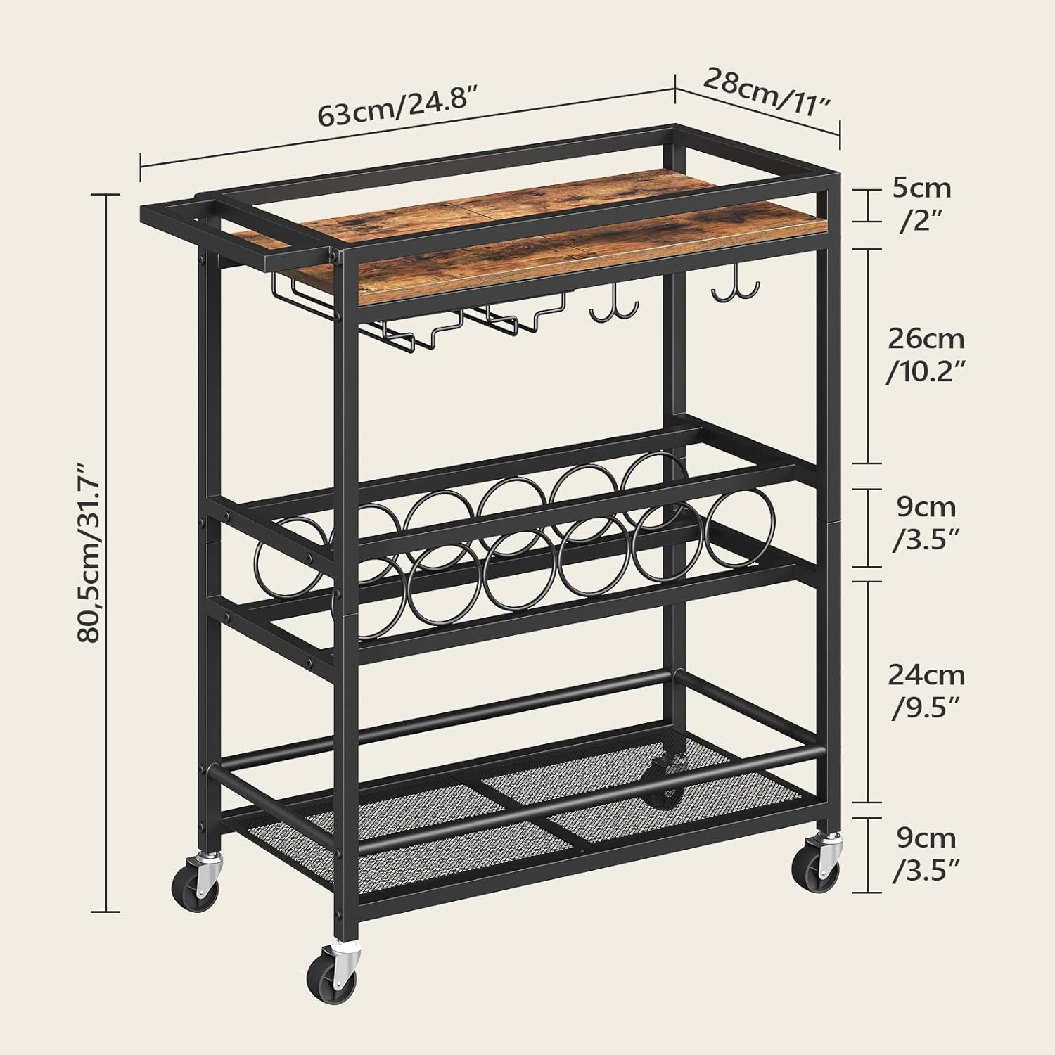 Bar Cart for Home, 3-Tier Serving Cart with Wine Rack, Rolling Wine Cart with Glass Holders, Beverage Cart, for Living Room, Dining Room, Rustic Brown and Black RCHR11801 - Image 2