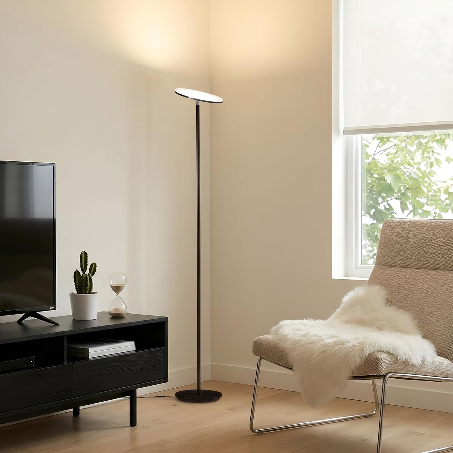 Brightech Sky LED Floor lamp, Torchiere Super Bright Floor Lamp for Living Room Decor & Office - Dimmable, Tall Standing Torch Lamp with Warm Light for Bedroom & Reading - Black - Image 3