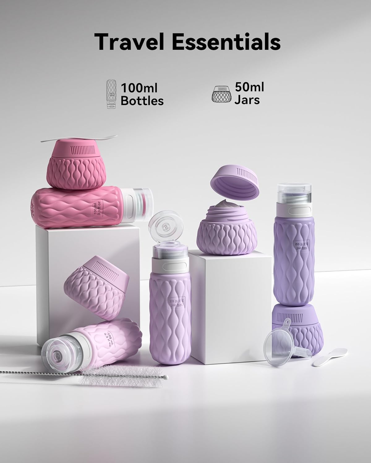 Silicone Travel Bottles for Toiletries 8 Pack Travel Size Toiletries 3.4 oz 1.7 oz, Leakproof Squeeze Travel Size Containers Refillable Cosmetic Jars Set for Shampoo, Conditioner, Creams - Image 2