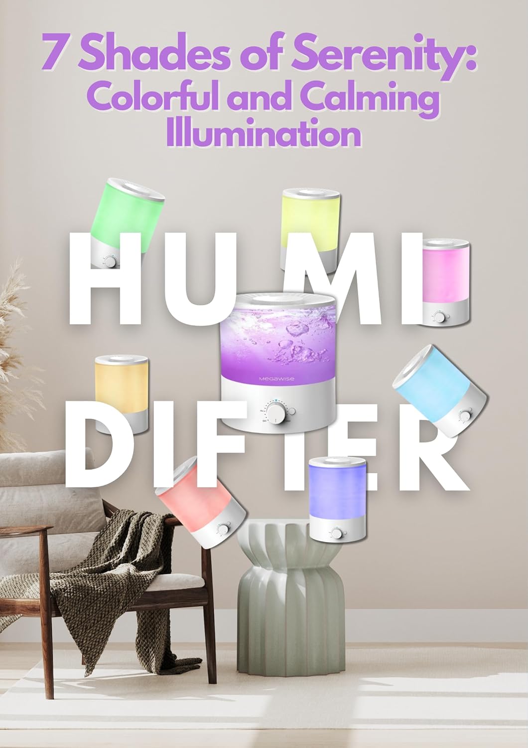 Megawise Cool Mist Humidifier with Top Refill Design, 2L Capacity, High Mist Output, No Leakage, and 7 Color Night Light - Image 2