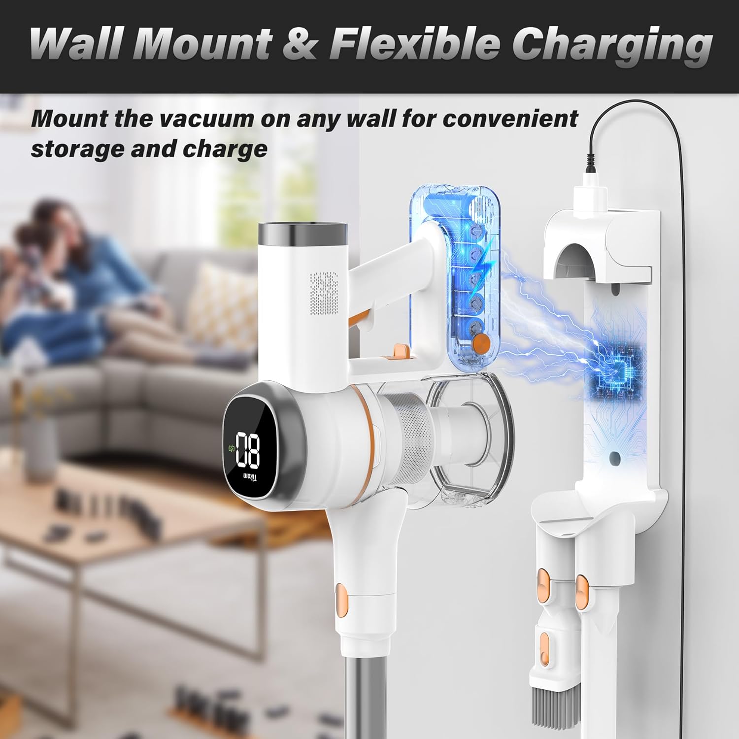 Tikom V500 Cordless Vacuum Cleaner for Home, 40000Pa/450W Stick Vacuum with LED Touch Screen, Charging Wall Dock, Anti-Tangle, Lightweight Handheld Vacuum for Pet Hair, Hard Floor, Carpet - Image 4