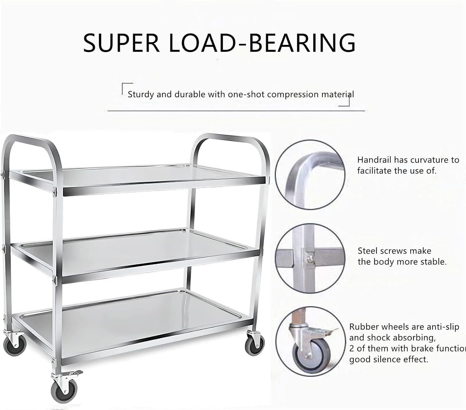 MYOYAY 37.4x19.7x37.4 Inch Stainless Steel Cart Large 3 Tier Kitchen Utility Rolling Cart Service Catering Storage Cart with Locking Wheels Kitchen Cart or Kitchen Hotel Restaurant Cafe Home - Image 6