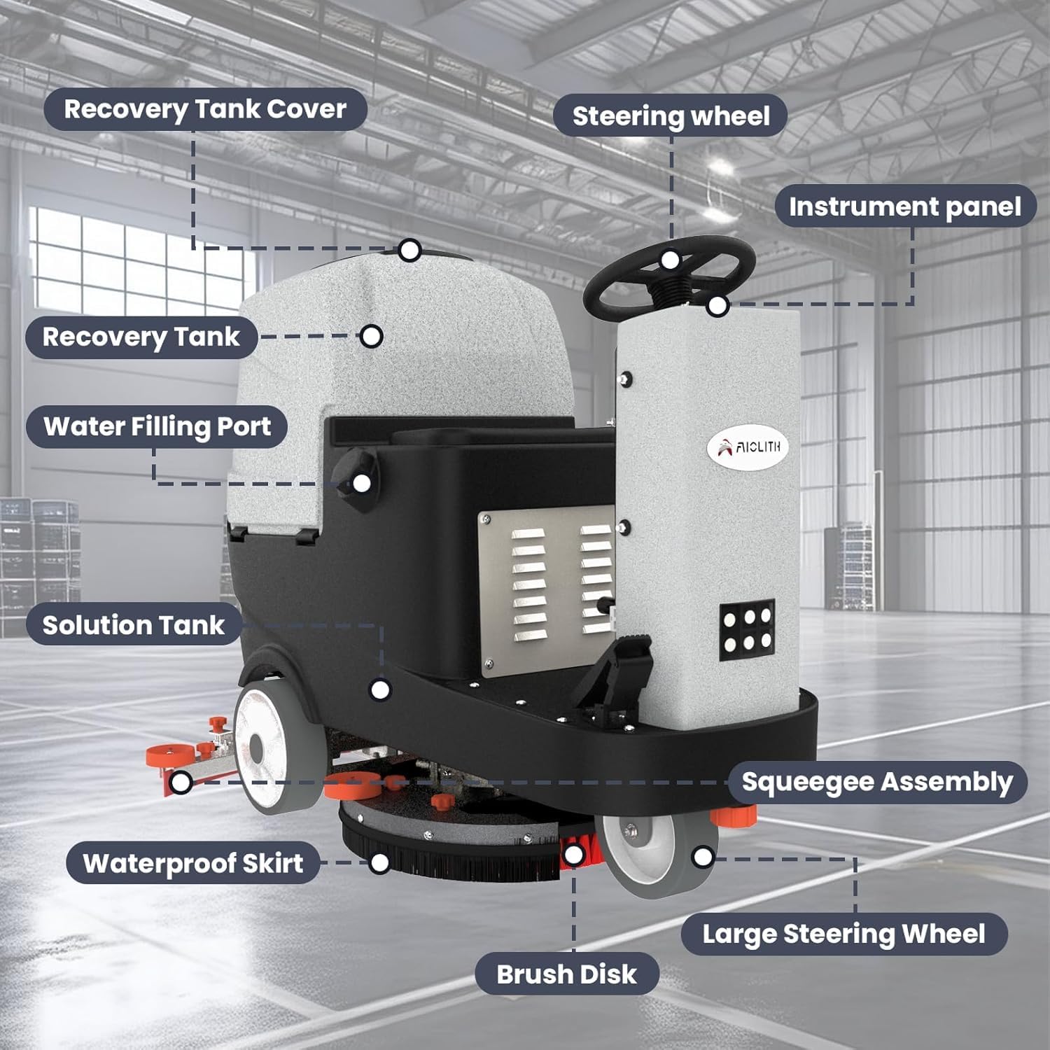 Micro Ride-On Floor Scrubber Dryer Kit, 22" Clean, 25 Gal, up to 55,000 ft²/h, Lithium Battery, Fast Charge, All Parts, Commercial Floor Cleaning for Daily Maintenance in Airport, Mall, School - Image 6