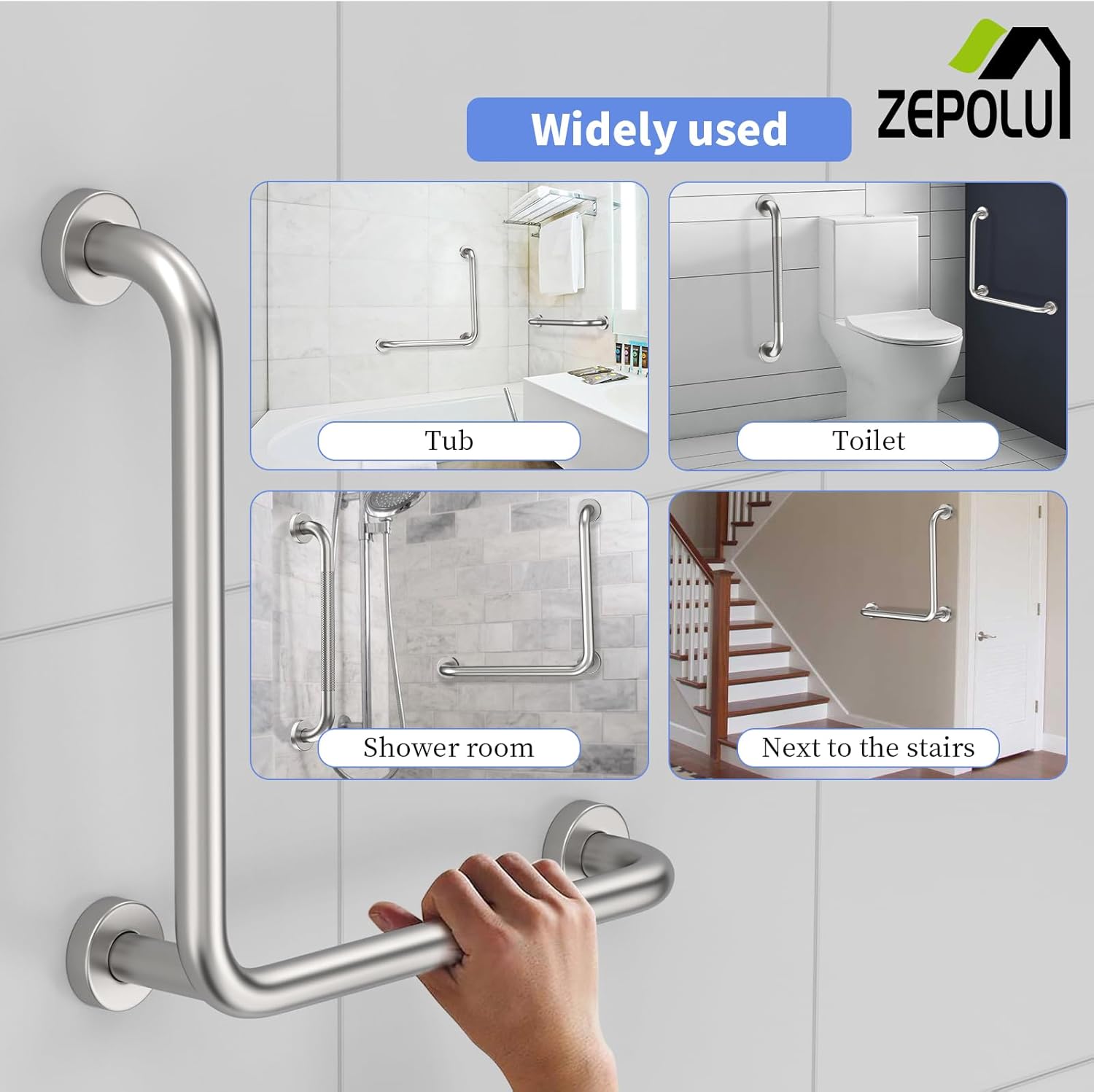 Brushed Nickel Angled Grab Bar 16 Inch, Zepolu Stainless Steel L-Shaped Safety Grab Rail, Bathroom Mobility Aid Handrail, Wall Mounted Balance Support Assist Shower Handle for Senior Elderly Handicap - Image 5