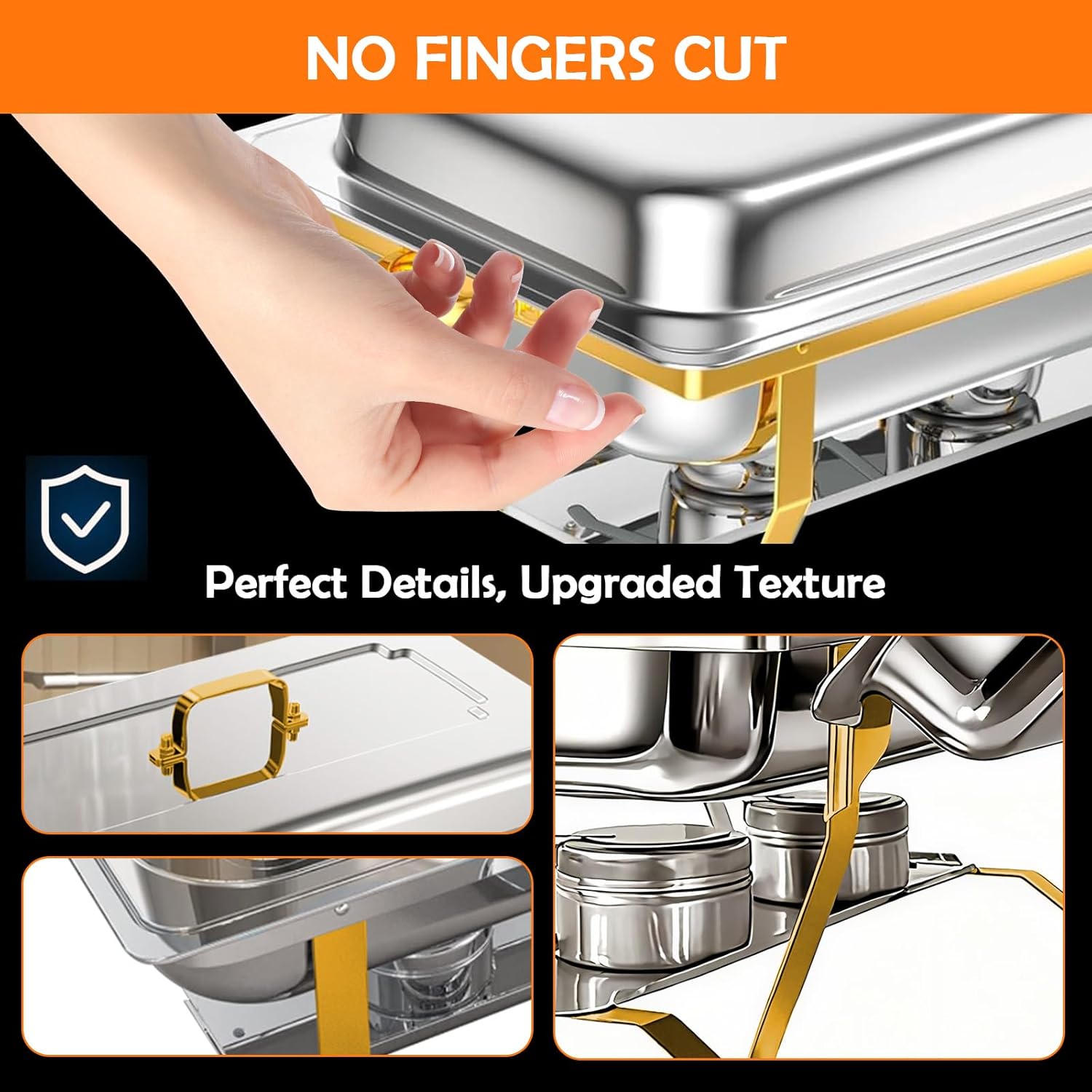 ALSO GO Chafing Dish Buffet Set 9QT 4 Pack, Gold Chafing Dishes for Buffet with 4 Serving Tongs, Buffet Set Full Size Large Serving Chafing Dishes, Warming Food Tray for Catering & New Year Parties - Image 3