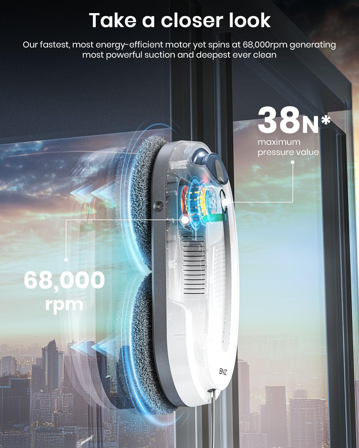 BNZ Smart Window Cleaning Robot, Twin Turbo & Dual Auto-Spray Window Cleaner with Multiple Safety System, AI Path Planning, Frameless Edge Detection, K1 (White) - Image 4