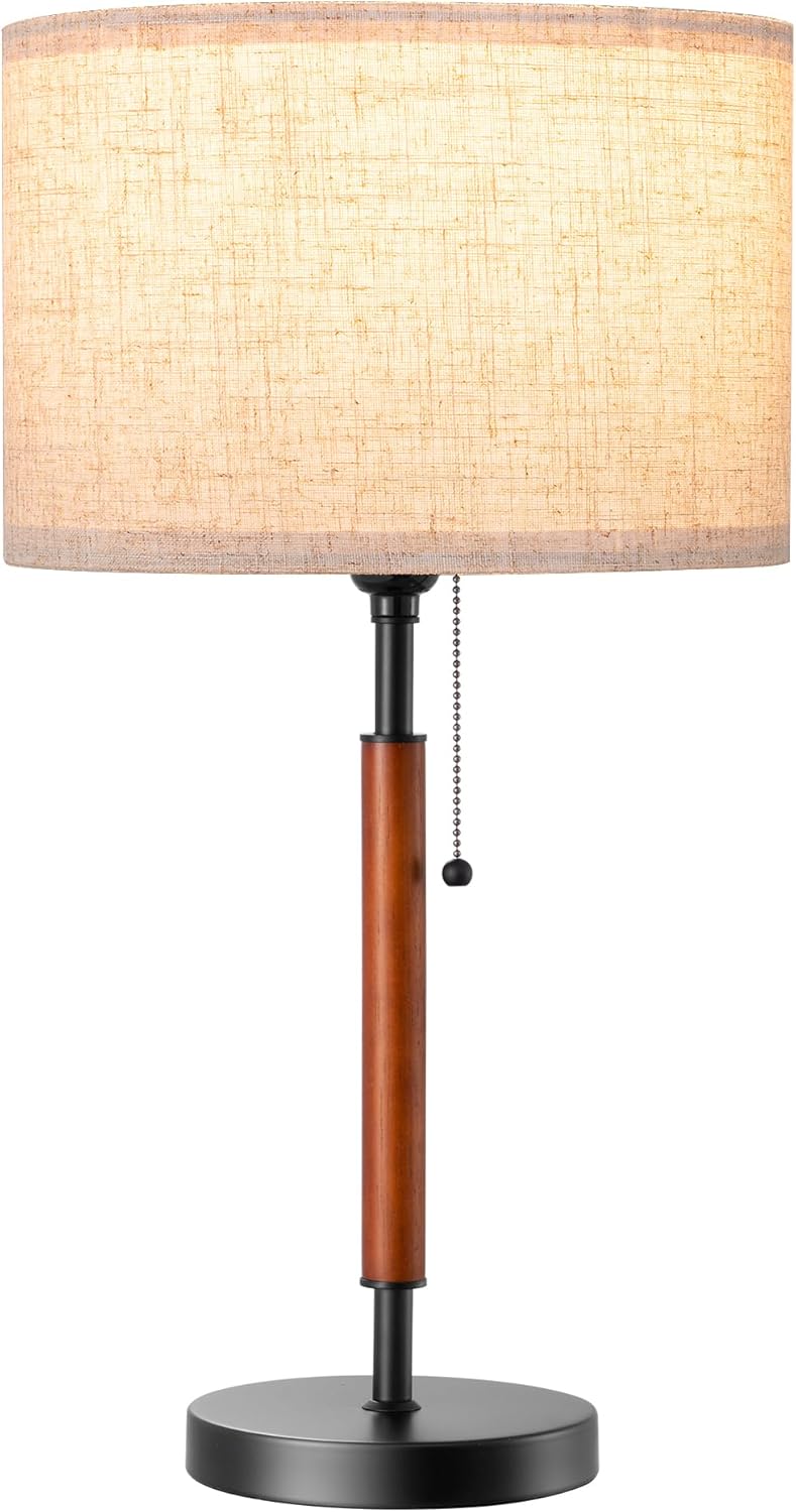 EDISHINE Mid Century Table Lamp, Pull Chain Switch Bedside Lamp with Linen Shade, Solid Wood Pole & Black Metal Base, Modern Nightstand Lamp for Bedroom, Living Room, Office, E26 Base - Image 8