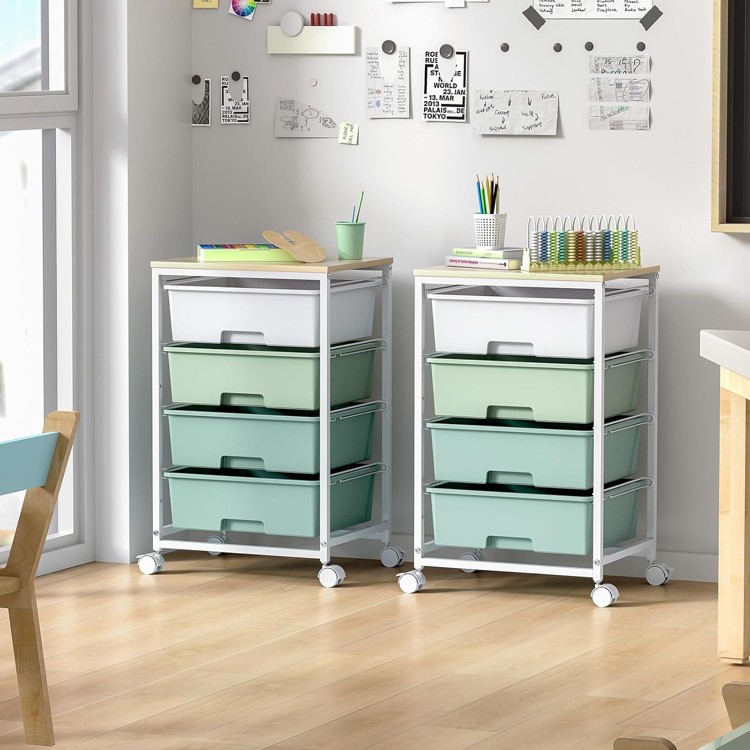 Utility Cart with 4 Drawers,Rolling Storage Cart with Drawers,Storage Rolling Drawer Cart with Wooden Tabletop for Bedroom,Kid's Room,Dorm,Classroom,Office,Green - Image 2