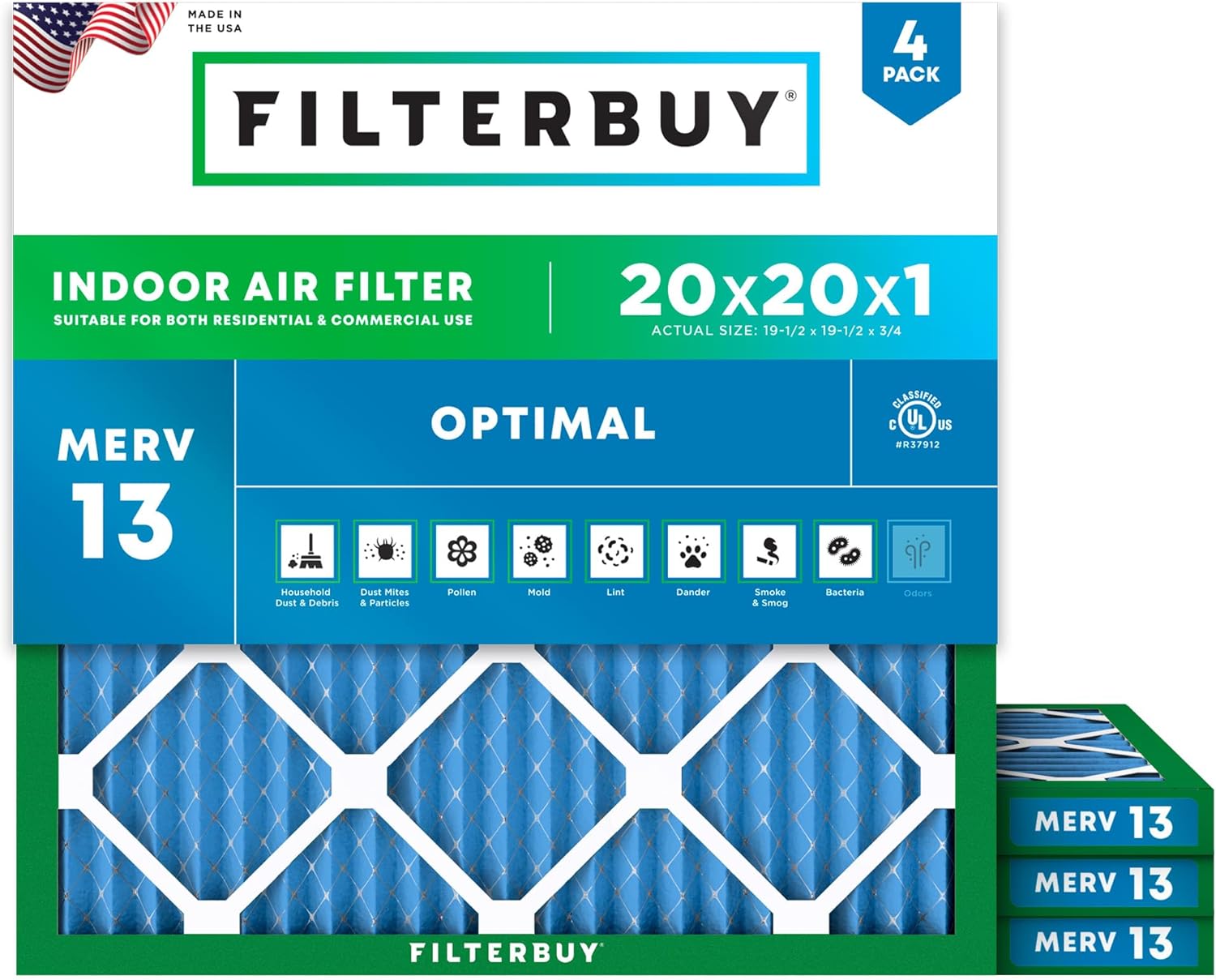 Filterbuy 20x20x1 Air Filter MERV 13 Optimal Smoke & Allergy Defense (4-Pack), Electrostatic Pleated HVAC AC Furnace Filters Replacement, Made in USA (Actual Size: 19.50 x 19.50 x 0.75)