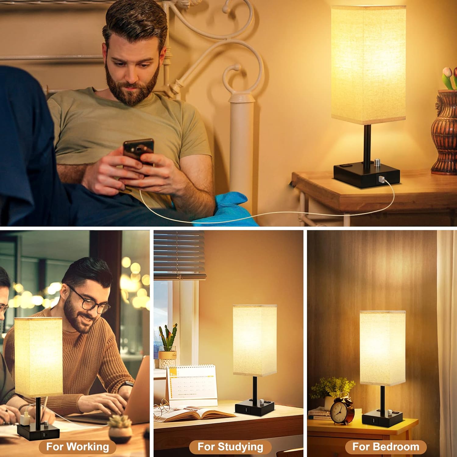 aooshine Fully Dimmable Nightstand Lamps Set of 2 - Table Bedside Lamp with USB C+A Charging Ports & 2 AC Outlets, Square Lamp Sets Linen Fabric Shade for Bedroom Living Room(Bulb Included) - Image 9