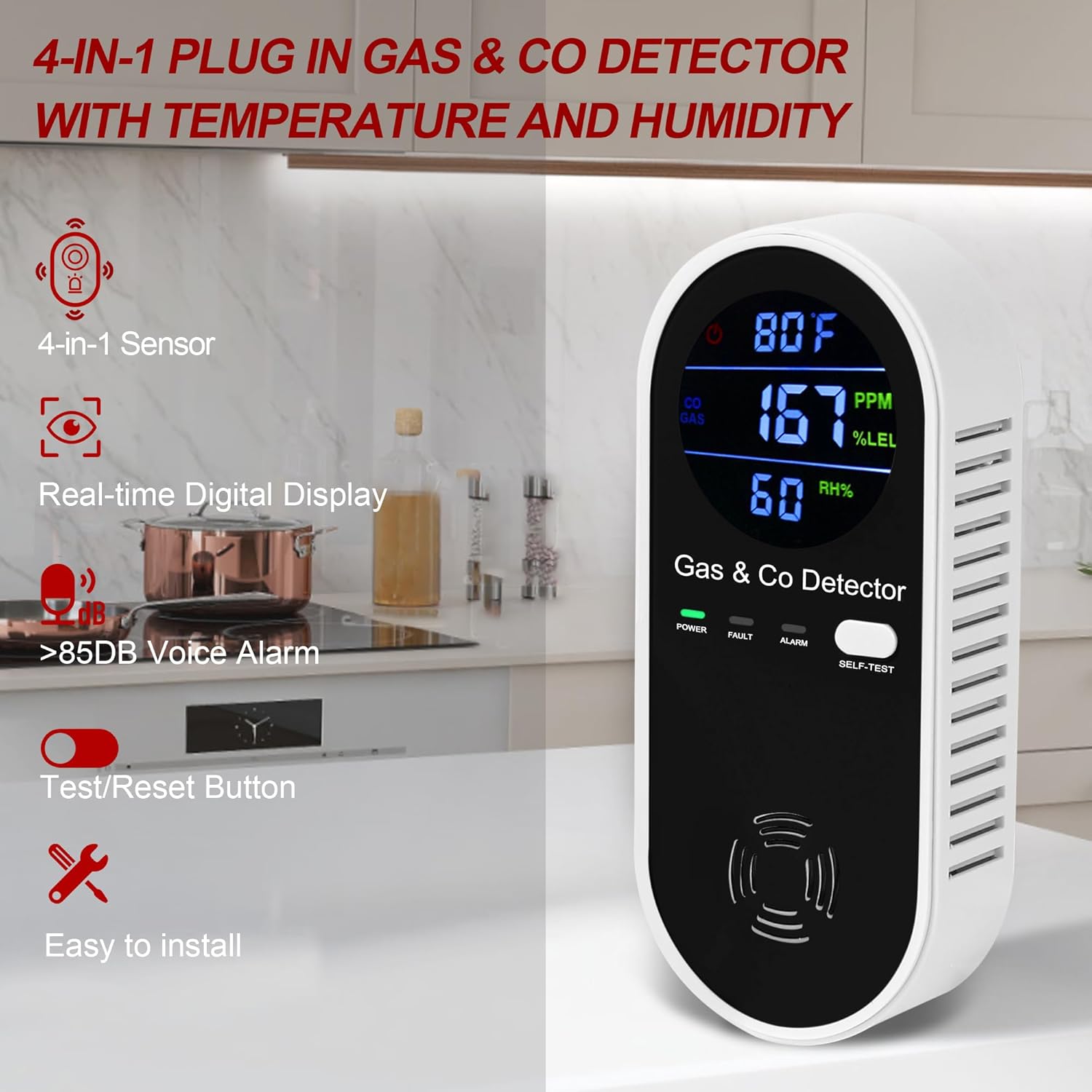 Koabbit Explosive-Gas & Carbon-Monoxide-Detectors, Plug in Carbon Monoxide Alarm,Natural Gas Detector,4-in-1 Combustible Gas & CO Detector with Fahrenheit(°F) & Humidity for Home,RV,Apartment - Image 4