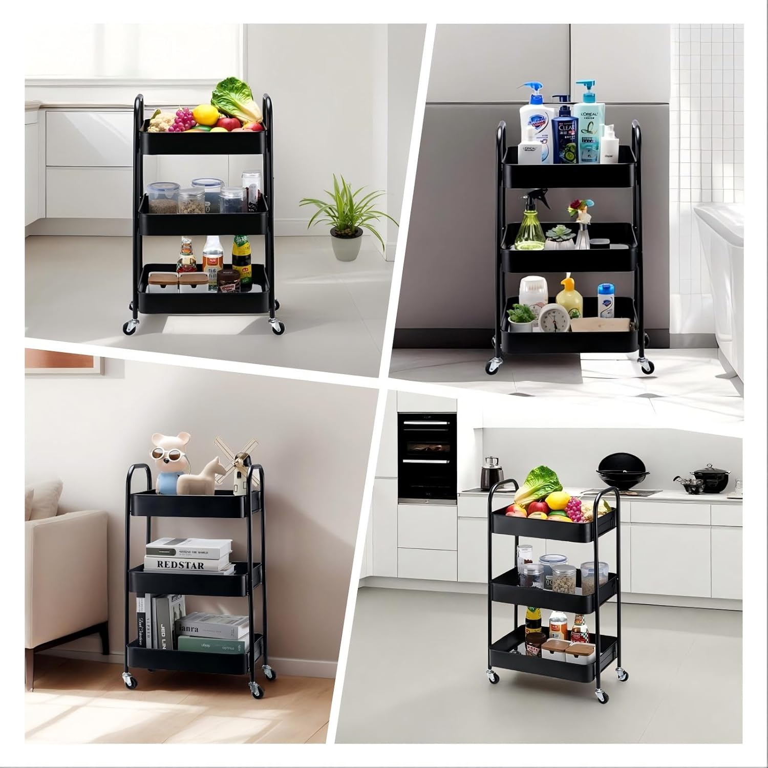 SETTFRFE 3 Tier Metal Utility Cart with Wheels,Rolling Storage Cart for Office,Dorm,Kitchen,Black - Image 5