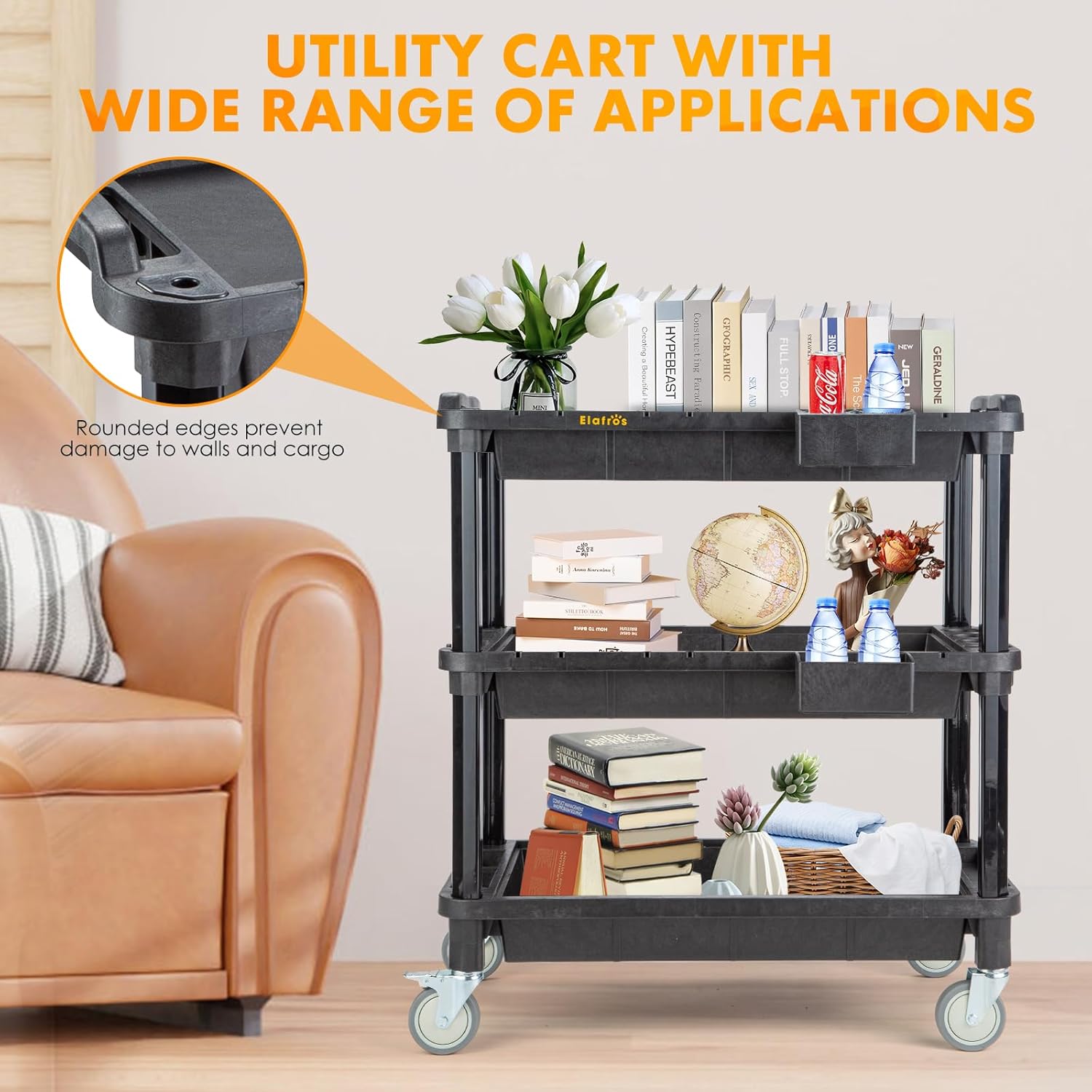 ELAFROS Multi-Use Utility Cart - 32.4x18.3 Heavy-Duty Service Cart with 3 Deep Shelves, Industrial-Grade Tool Cart Mobile Organizer, Rolling cart Holds up to 500 lbs, Black - Image 5