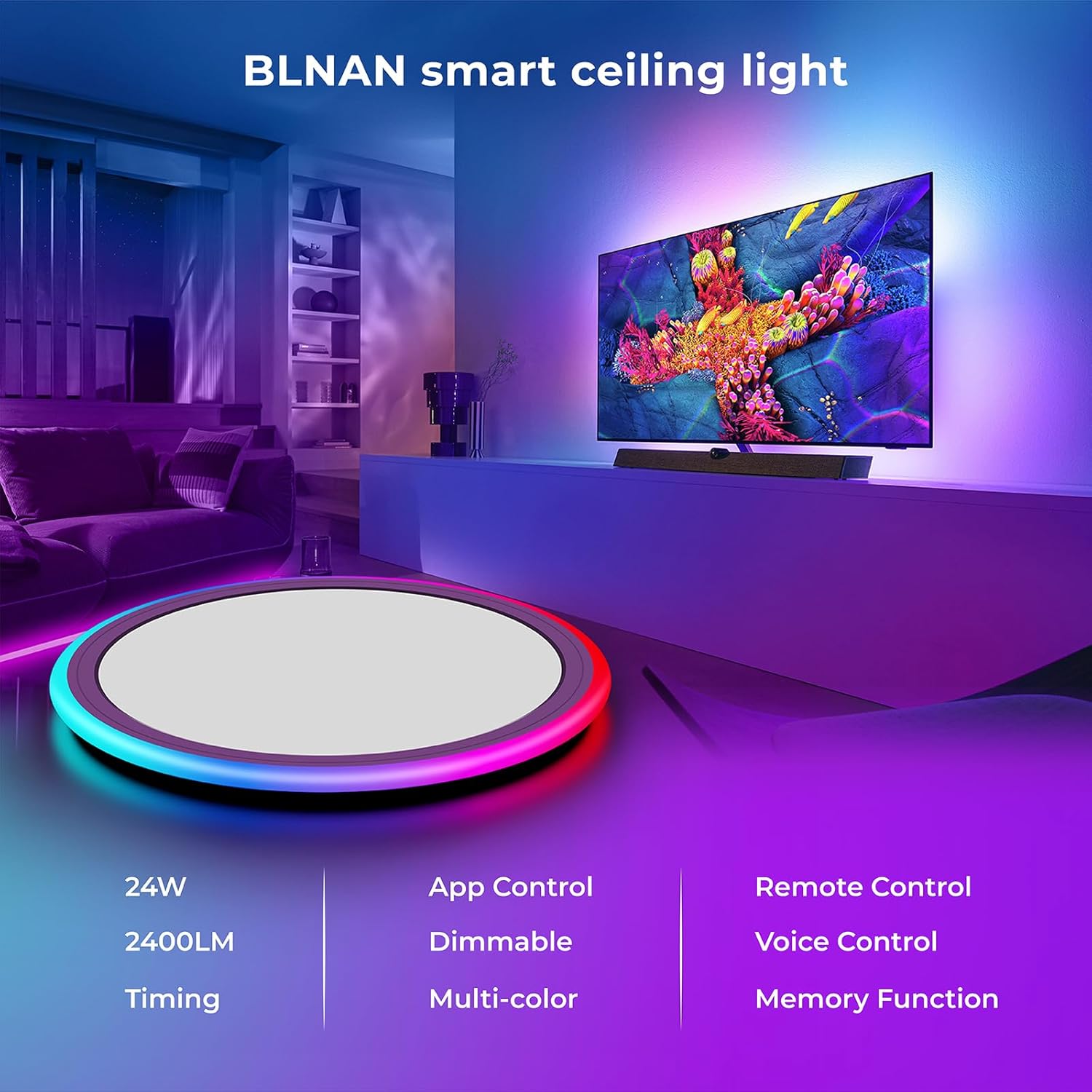 BLNAN Smart RGB LED Flush Mount Ceiling Light with Remote, 13 Inch 24W Dimmable Color Changing Low Profile Wired White Fixture, Works with Alexa Google Home App for Bedroom Living Kids Room Party - Image 2