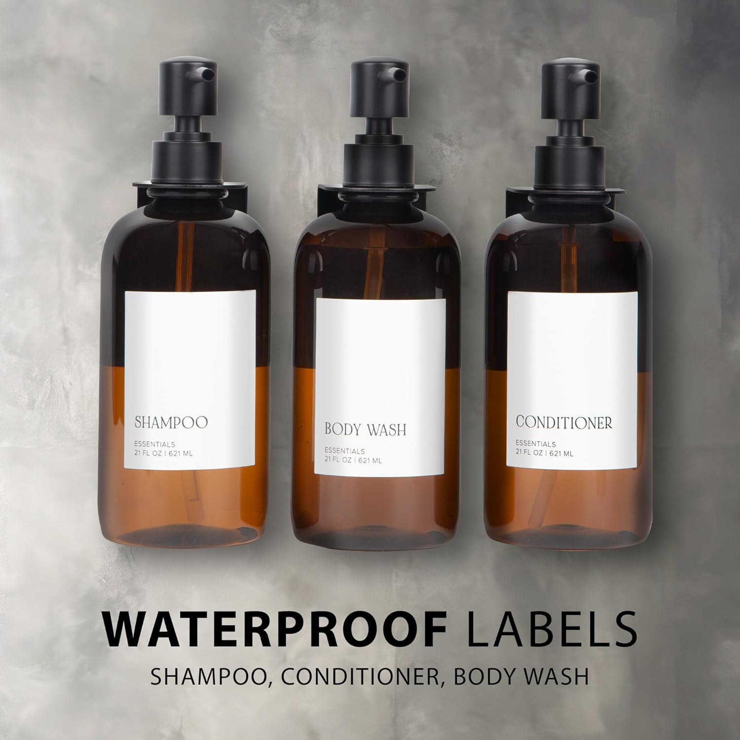 Stylish Shampoo and Conditioner Dispenser Set of 3 for Wall Mount - Modern Drill Free 21oz Shower Soap Bottles with Labels - Easy Refill Body Wash Dispensers for an Instant Bathroom Decor Upgrade - Image 8