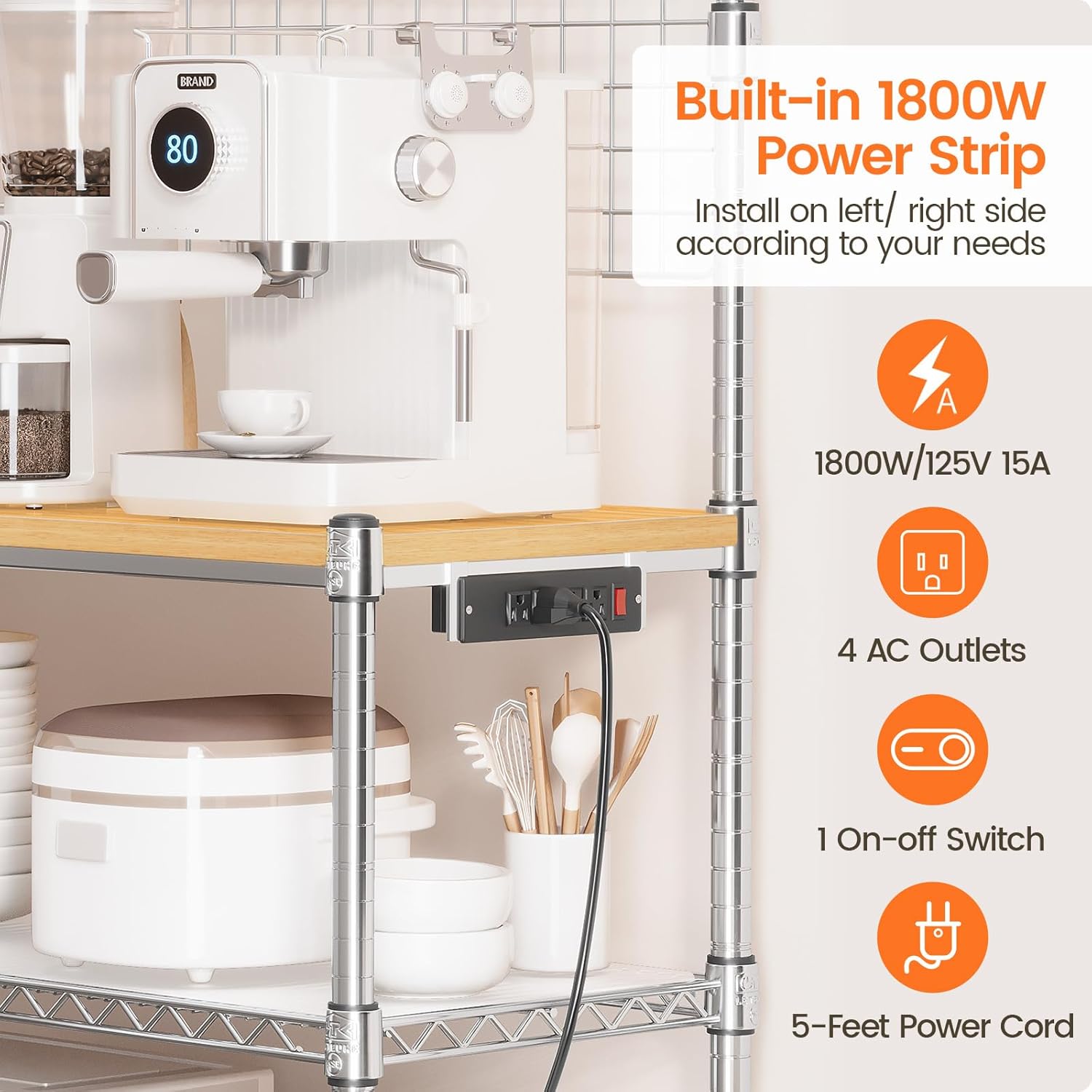 Leteuke Bakers Rack with Power Outlet & Storage, 36 Inch Microwave Stand Kitchen Cart, 4-Tier Metal Kitchen Shelves Cart with Wheels & 20 S-Hooks for Kitchen, NSF Certified, 63 x 18 x 36 Inch-Chrome - Image 4
