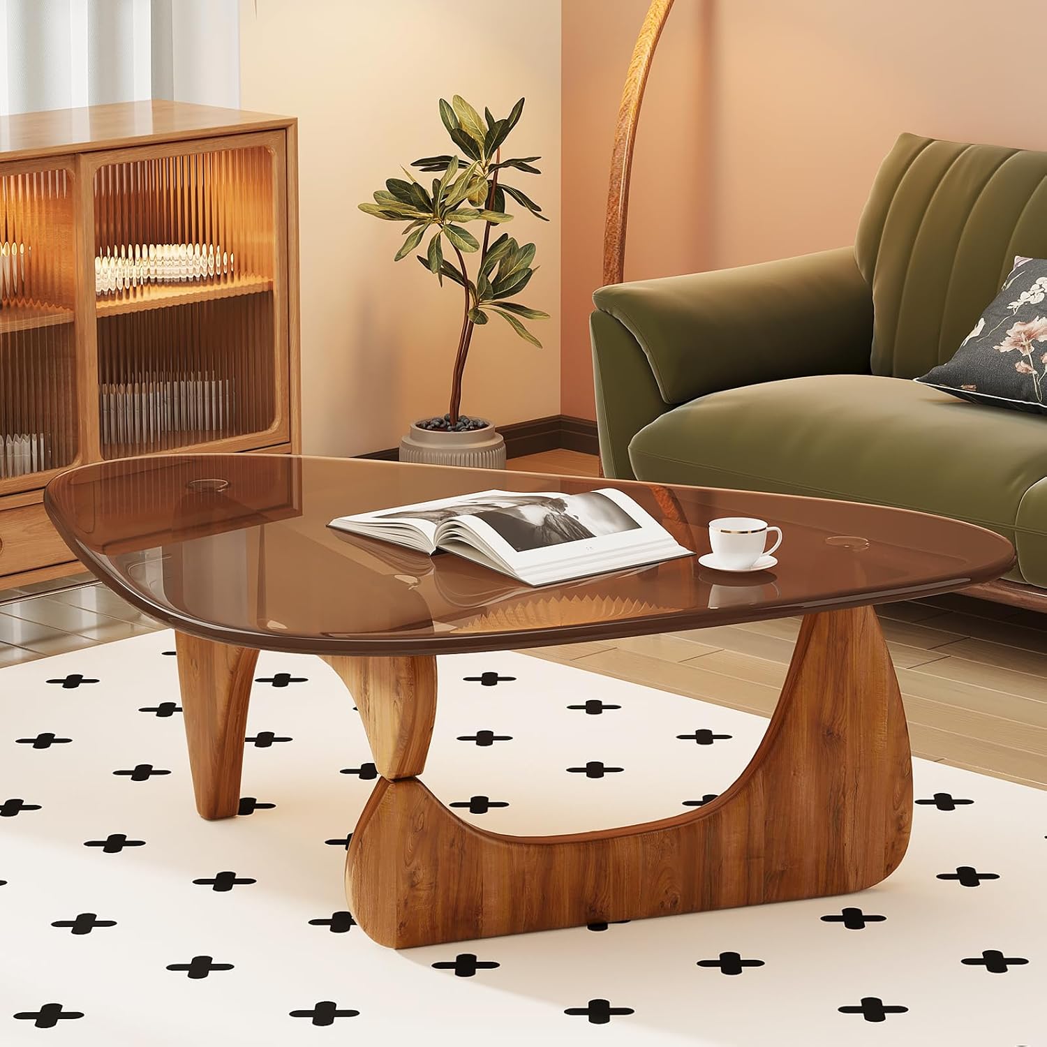 CAJCA Coffee Table for Living Room Mid Century Modern Center Table with Glass Top and Wood, Brown/Walnut - Image 7