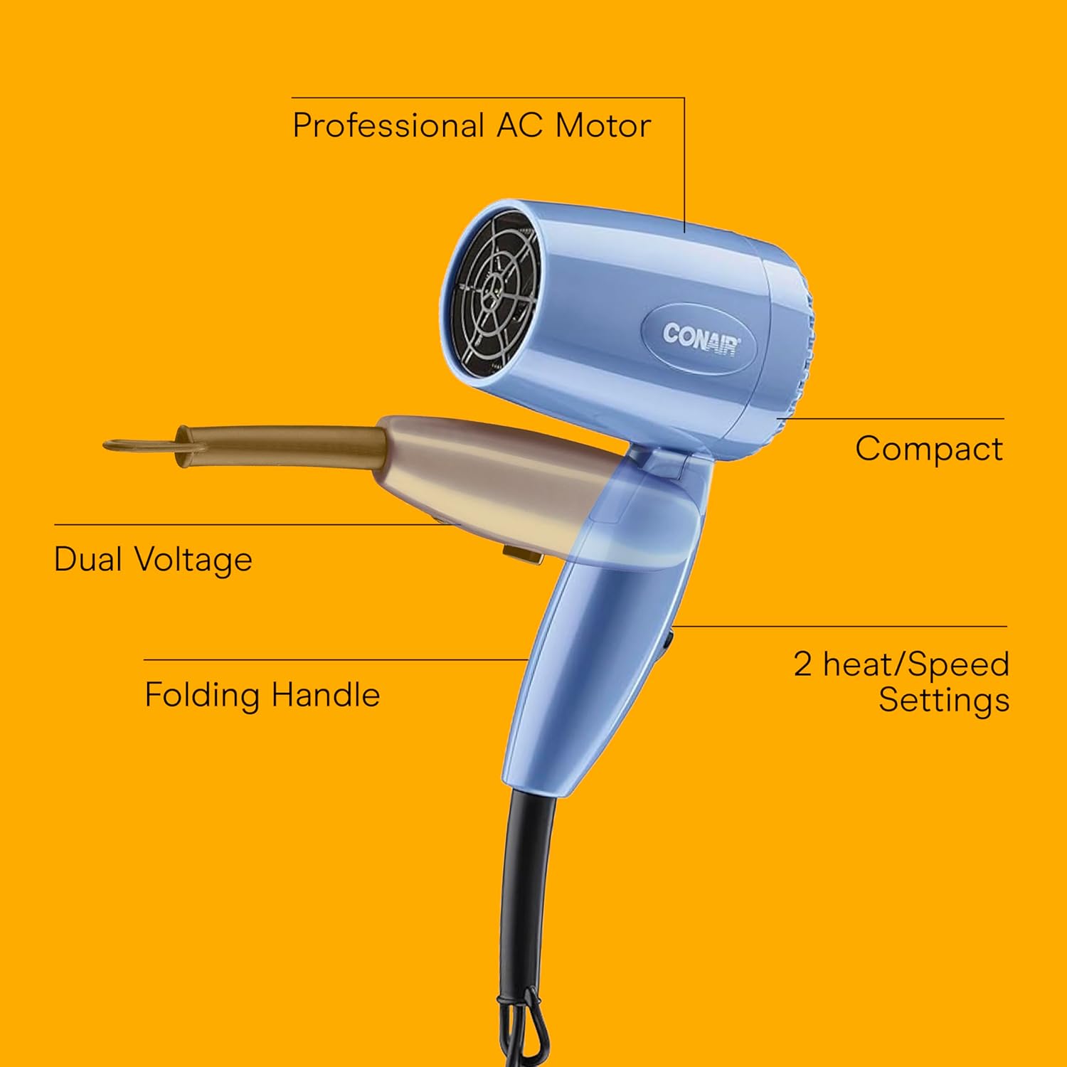 Conair Travel Hair Dryer with Dual Voltage, 1600W Compact Blow Dryer with Folding Handle, Blue - Image 2