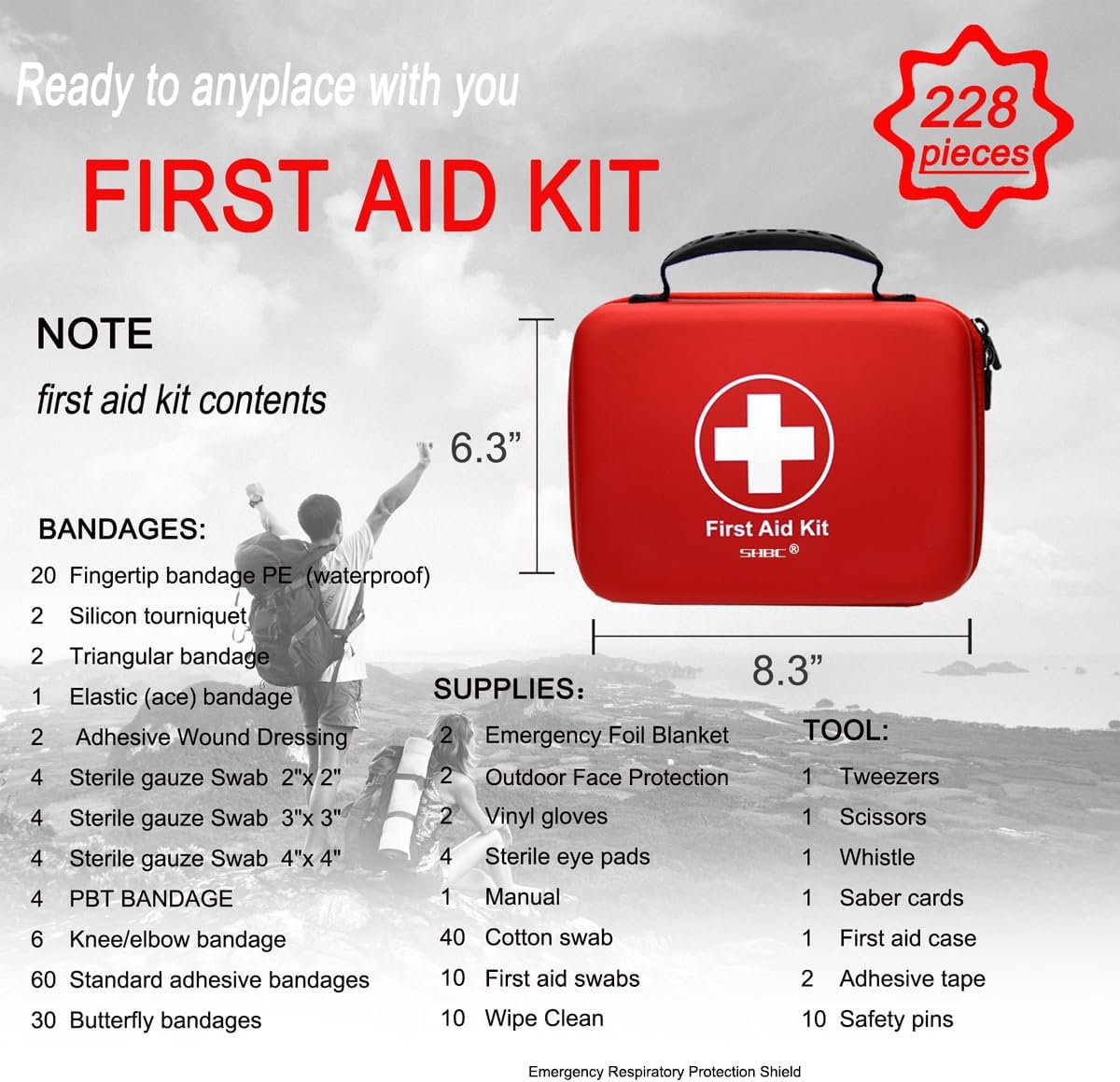 Compact First Aid Kit (228pcs) Designed for Family Emergency Care. Waterproof EVA Case and Bag is Ideal for The Car, Home, Boat, School, Camping, Hiking, Office, Sports. Protect Your Loved Ones. Red - Image 2
