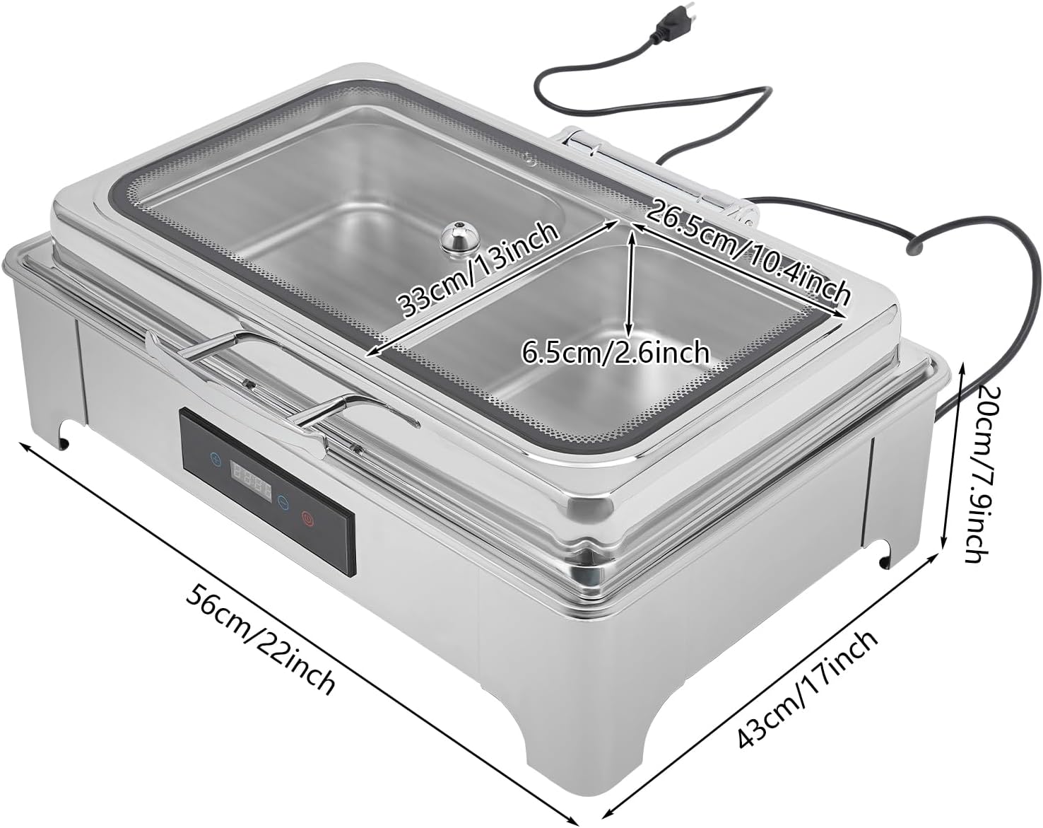 2 Pan Electric Chafing Buffet Dishes 9L Electric Buffet Server and Warmer Touch Control Food Warmer Buffet 95-194℉ with Temp Display & Glass Lid for Parties Catering Wedding - Image 6