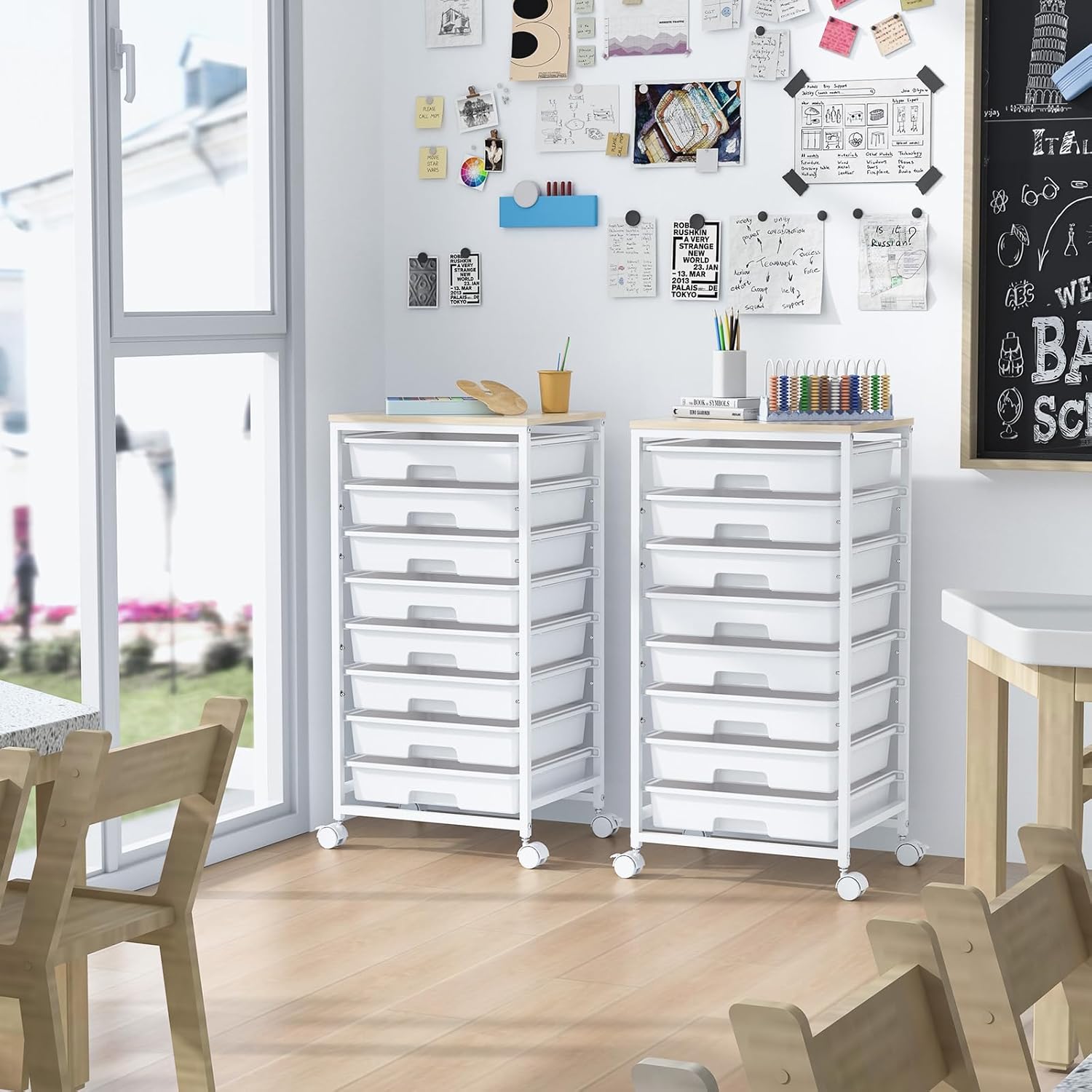 Rolling Storage Cart with Drawers,Utility Cart With 8 Drawers and Wooden Tabletop,Rolling Drawer Cart,Storage Drawer Cart for Living Room,Classroom,Bedroom,Bathroom,Dorm,Office,White - Image 8